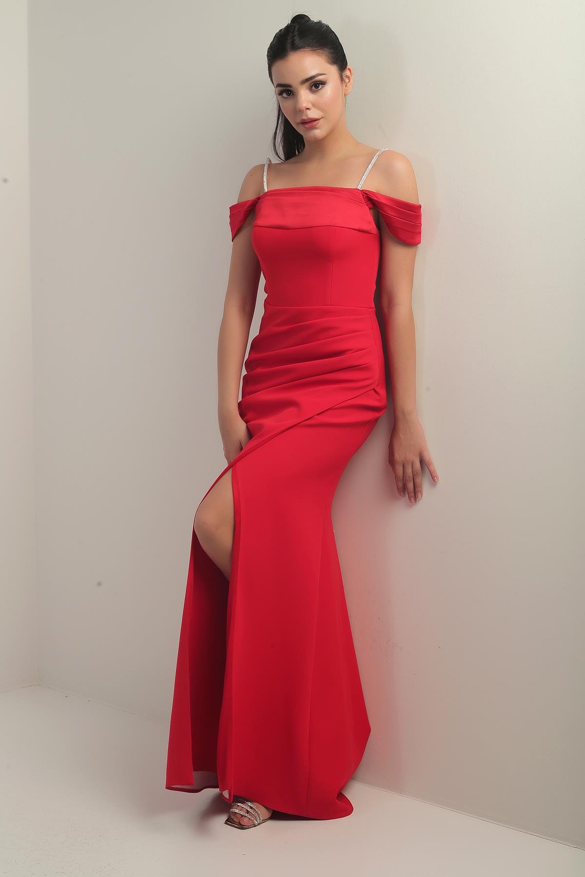 S-25Y3630002Kadın Taşlı İnce Askılı Düşük Kollu  Saten Madonna Yaka Astarlı Drapeli Double Balık Elbise