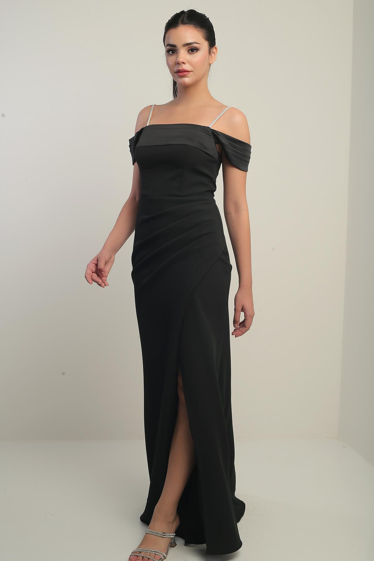 S-25Y3630002Kadın Taşlı İnce Askılı Düşük Kollu  Saten Madonna Yaka Astarlı Drapeli Double Balık Elbise