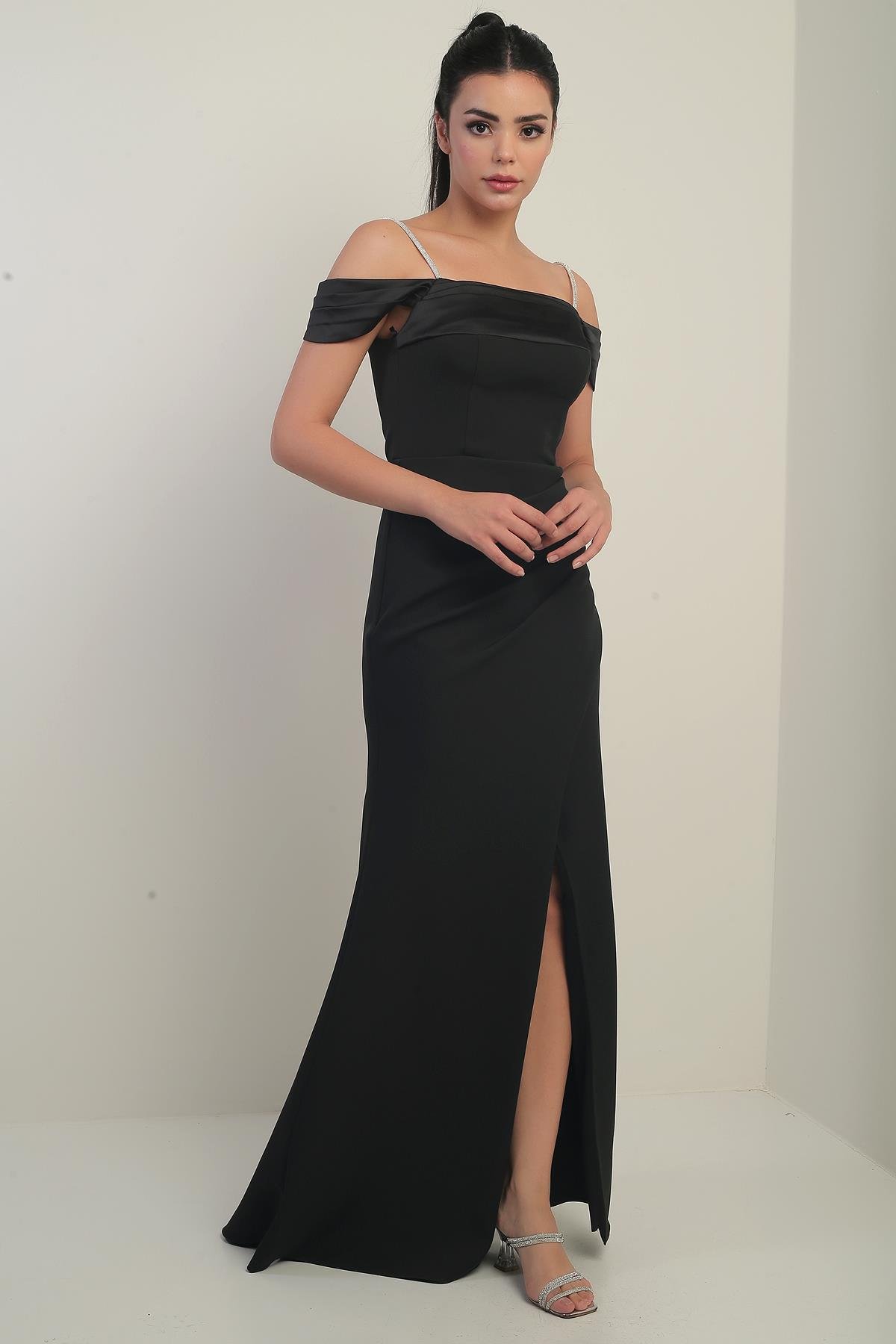 S-25Y3630002Kadın Taşlı İnce Askılı Düşük Kollu  Saten Madonna Yaka Astarlı Drapeli Double Balık Elbise