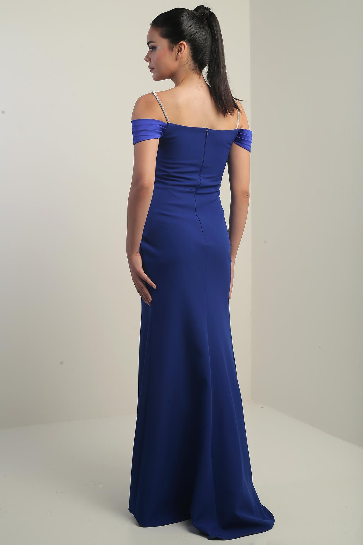 S-25Y3630002Kadın Taşlı İnce Askılı Düşük Kollu  Saten Madonna Yaka Astarlı Drapeli Double Balık Elbise