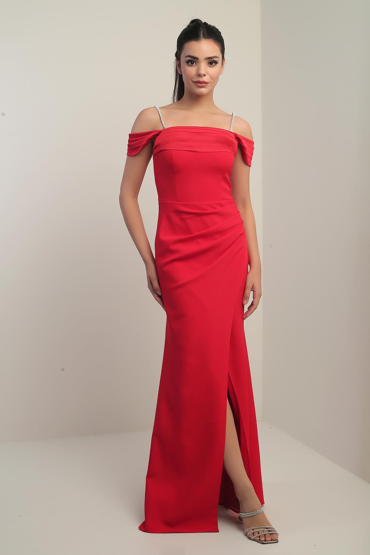 S-25Y3630002Kadın Taşlı İnce Askılı Düşük Kollu  Saten Madonna Yaka Astarlı Drapeli Double Balık Elbise