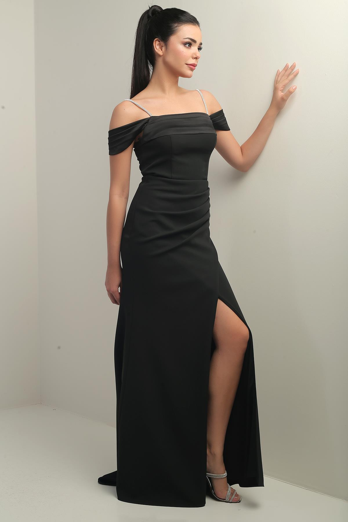 S-25Y3630002Kadın Taşlı İnce Askılı Düşük Kollu  Saten Madonna Yaka Astarlı Drapeli Double Balık Elbise