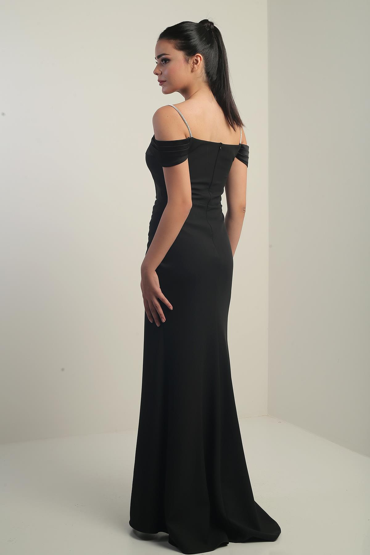 S-25Y3630002Kadın Taşlı İnce Askılı Düşük Kollu  Saten Madonna Yaka Astarlı Drapeli Double Balık Elbise