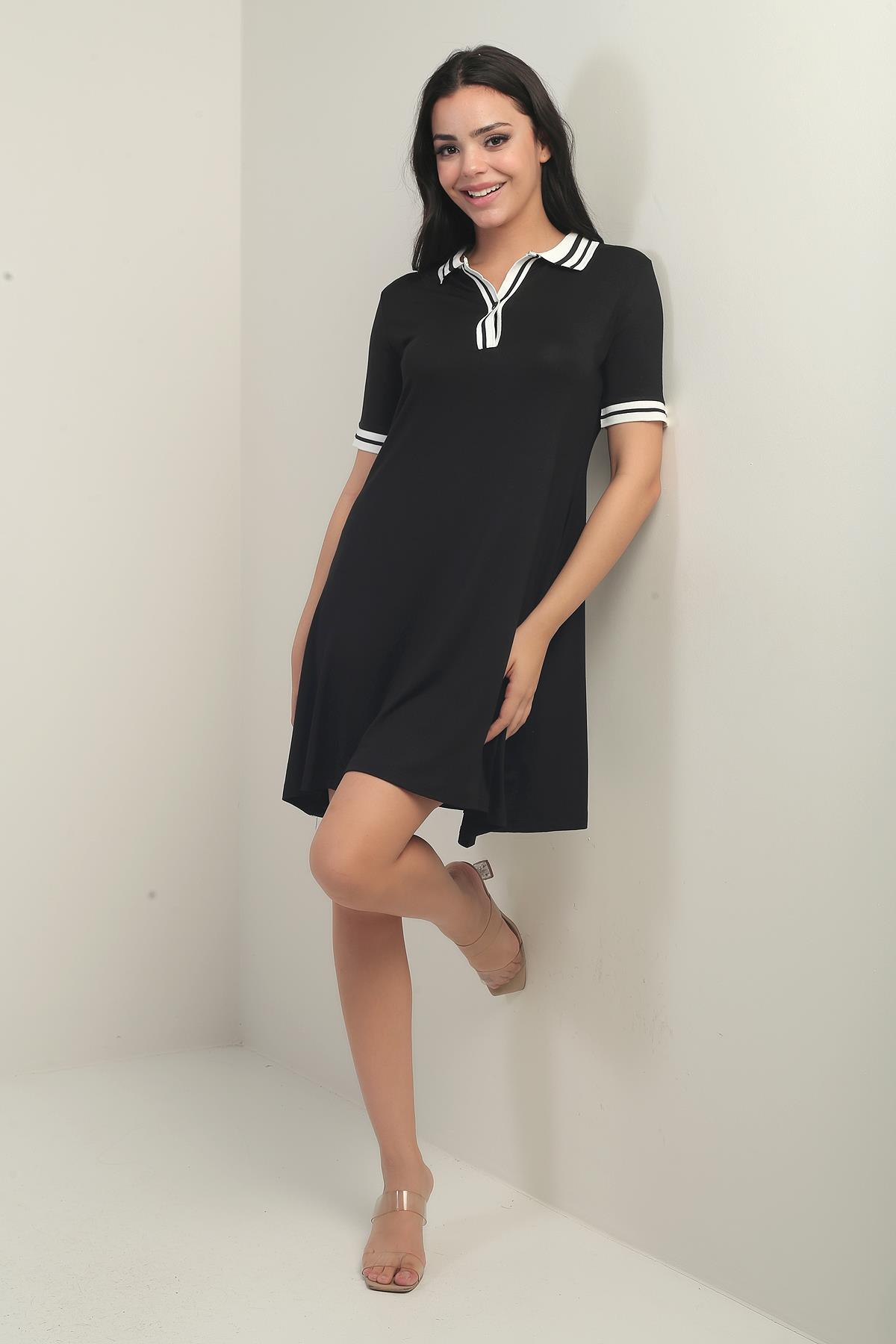 S-25Y3880006Kadın Ribanalı Önü Tek Düğmeli Yakalı Rahat Kalıp Penye Elbise