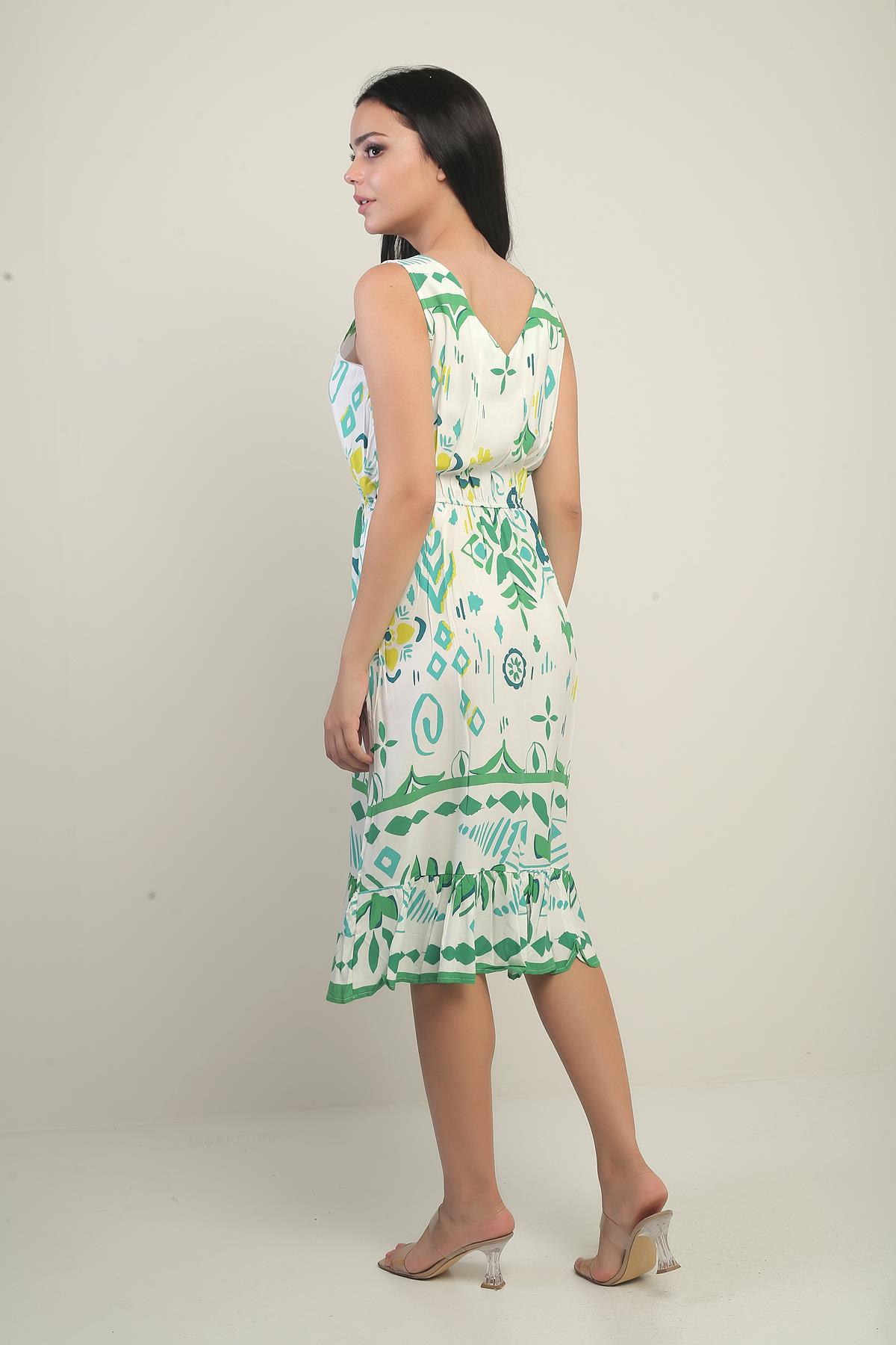 S-25Y3880011Kadın Ön Arka V Yaka Beli Lastikli Cepli Karışık Geometrik Desen Fırfırlı Elbise