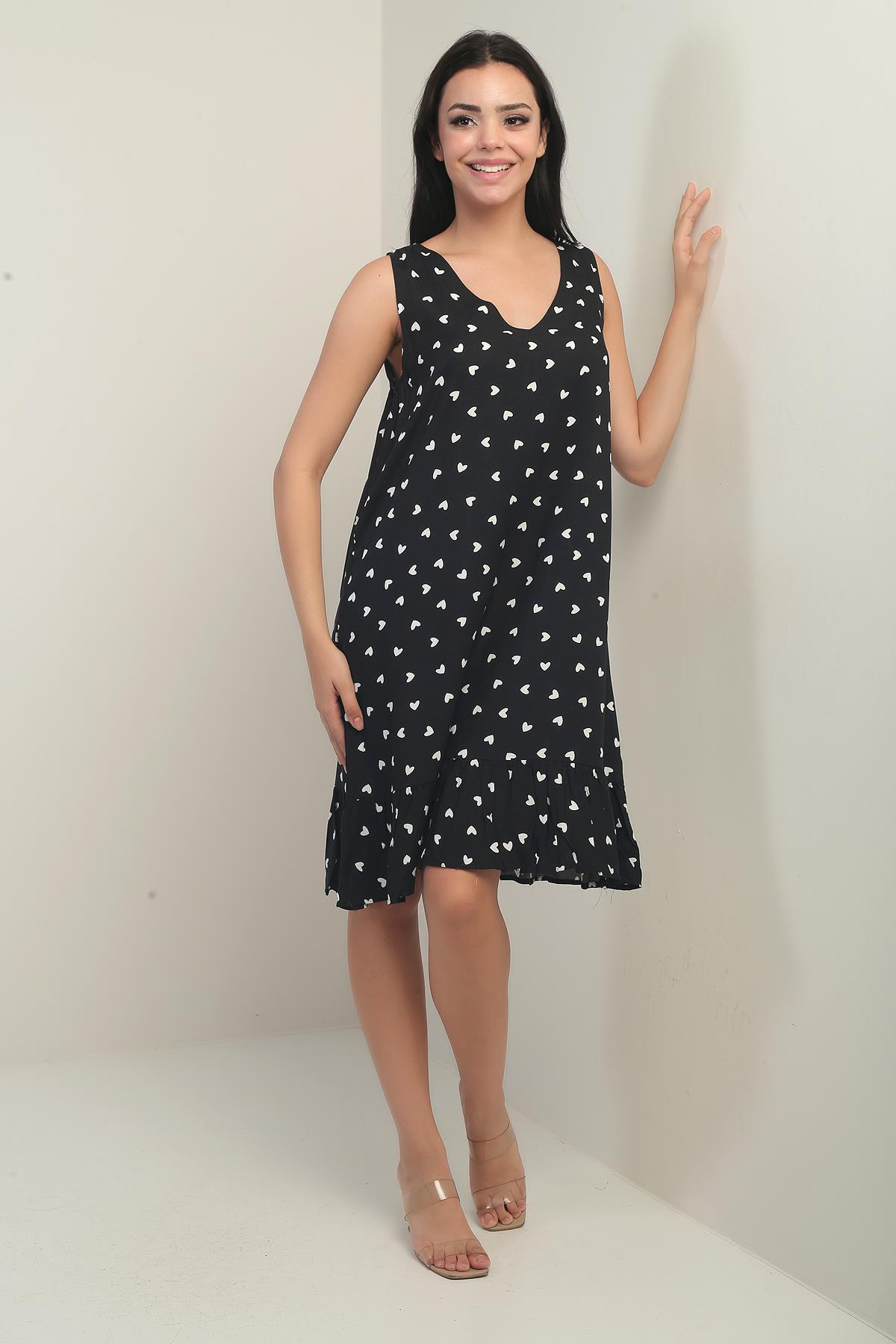 S-25Y3880013Kadın V Yaka Kalp Desen Eteği Fırfırlı Rahat Kalıp Elbise
