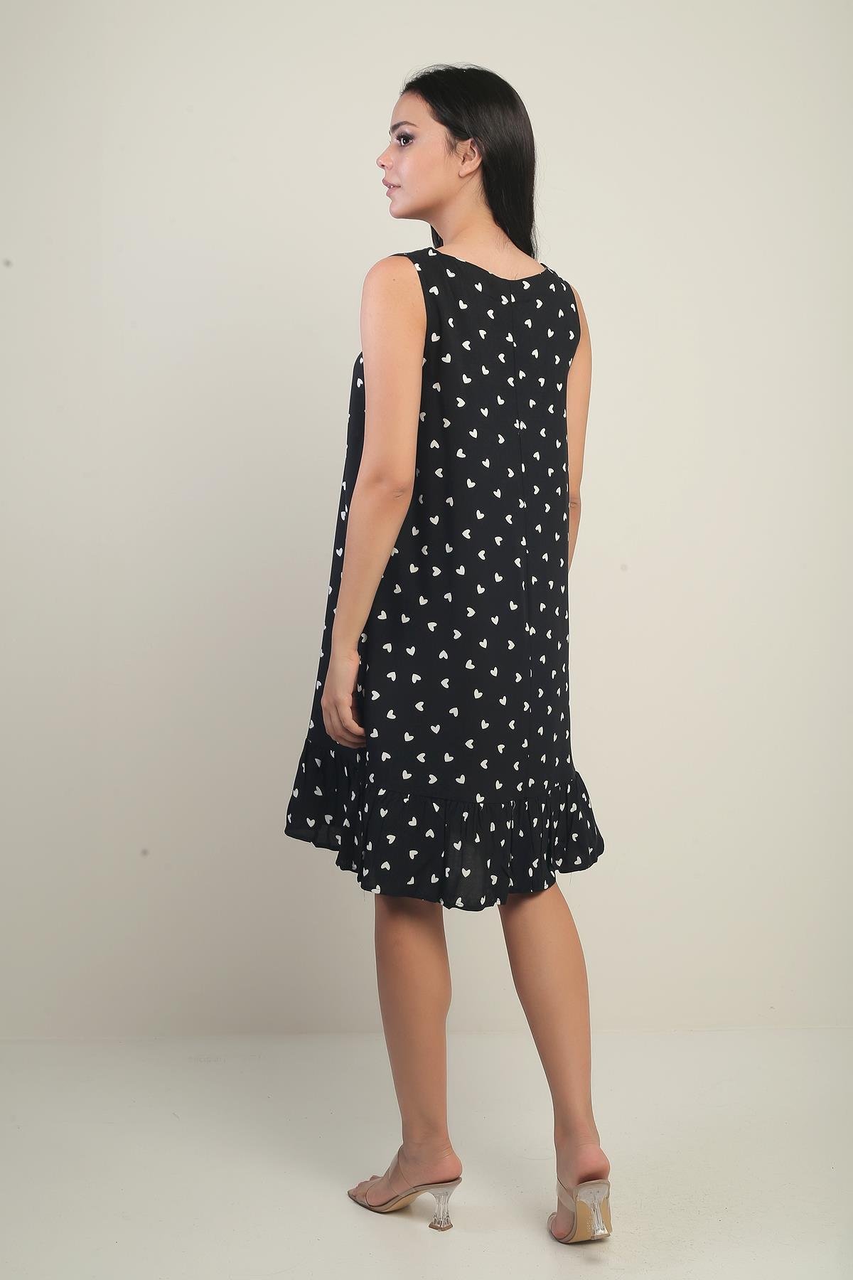 S-25Y3880013Kadın V Yaka Kalp Desen Eteği Fırfırlı Rahat Kalıp Elbise