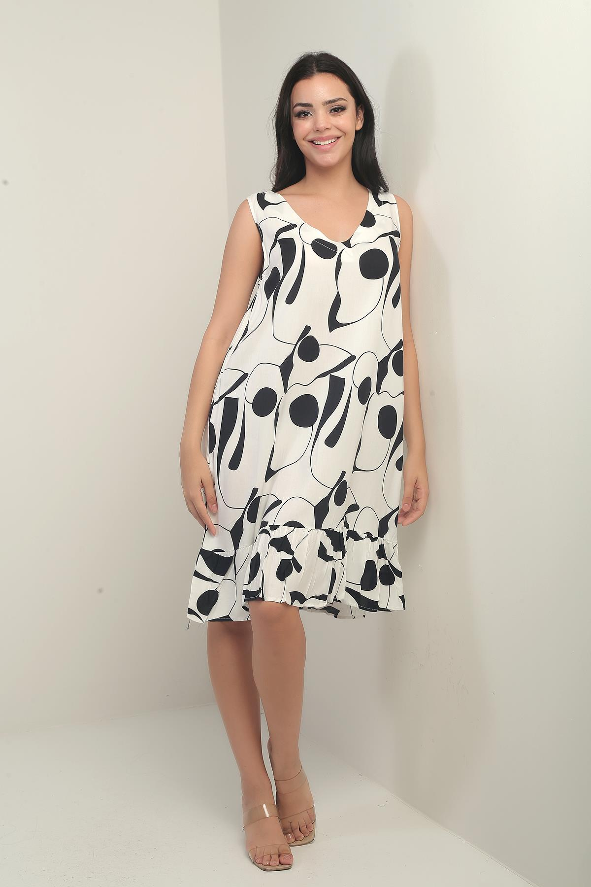 S-25Y3880014Kadın V Yaka Desenli Eteği Fırfırlı Rahat Kalıp Elbise