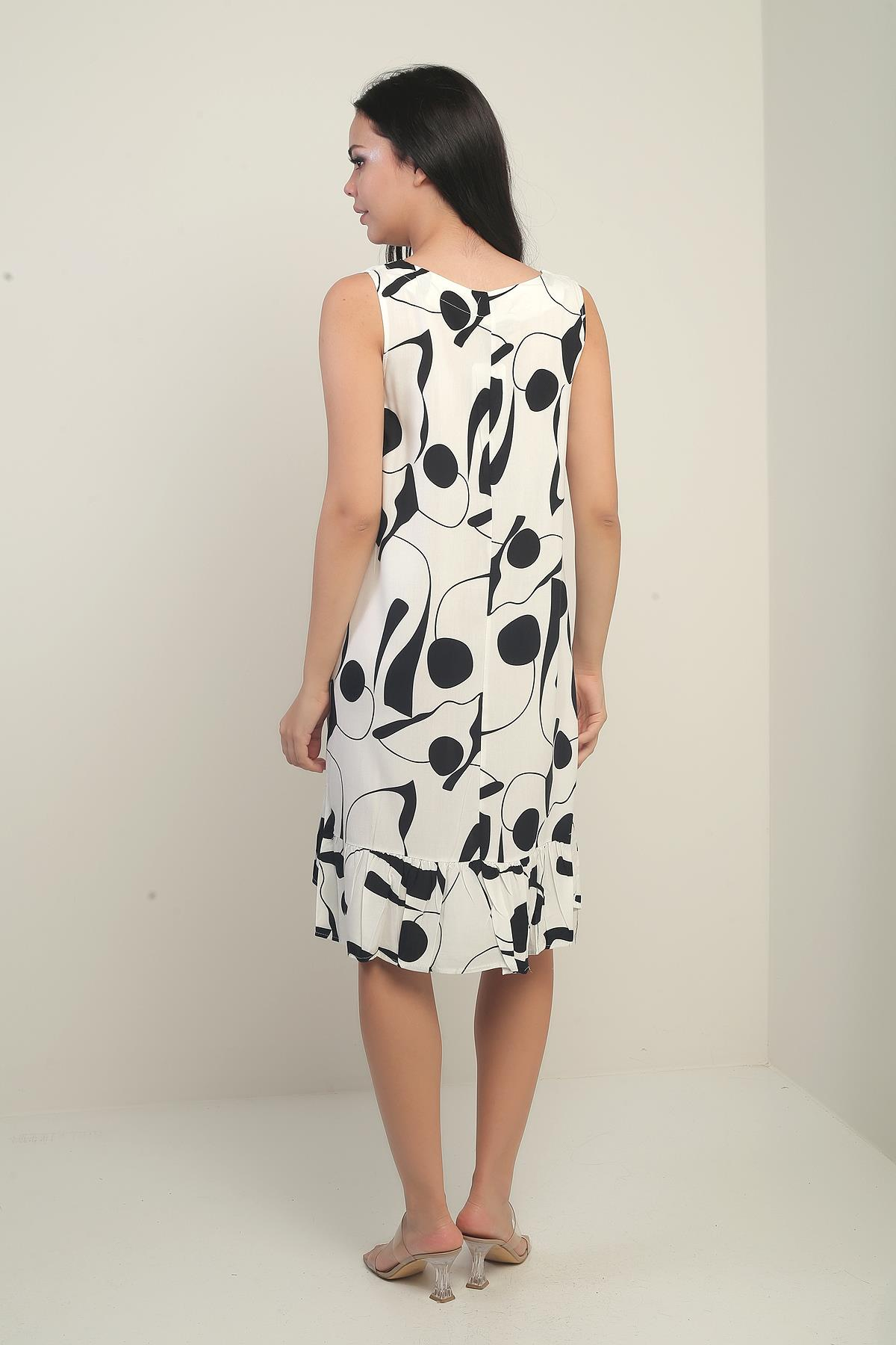 S-25Y3880014Kadın V Yaka Desenli Eteği Fırfırlı Rahat Kalıp Elbise