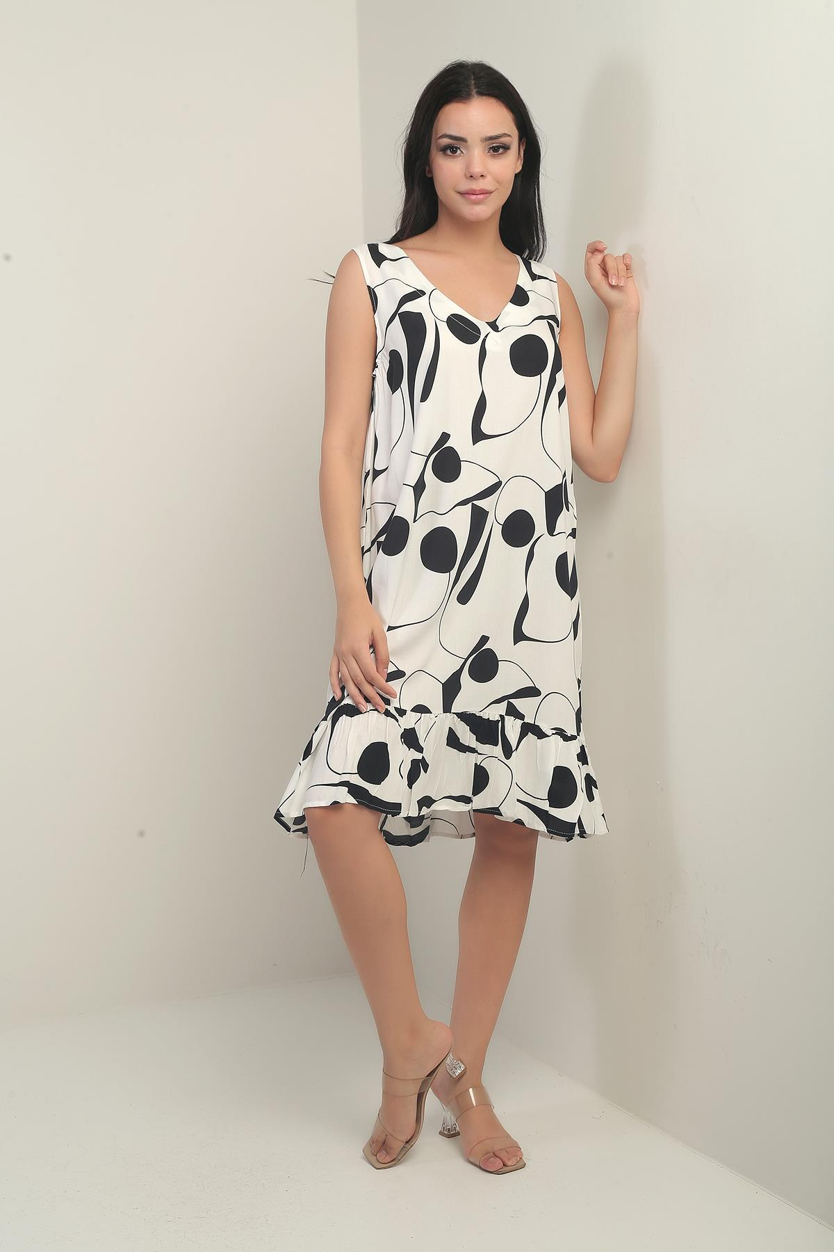 S-25Y3880014Kadın V Yaka Desenli Eteği Fırfırlı Rahat Kalıp Elbise