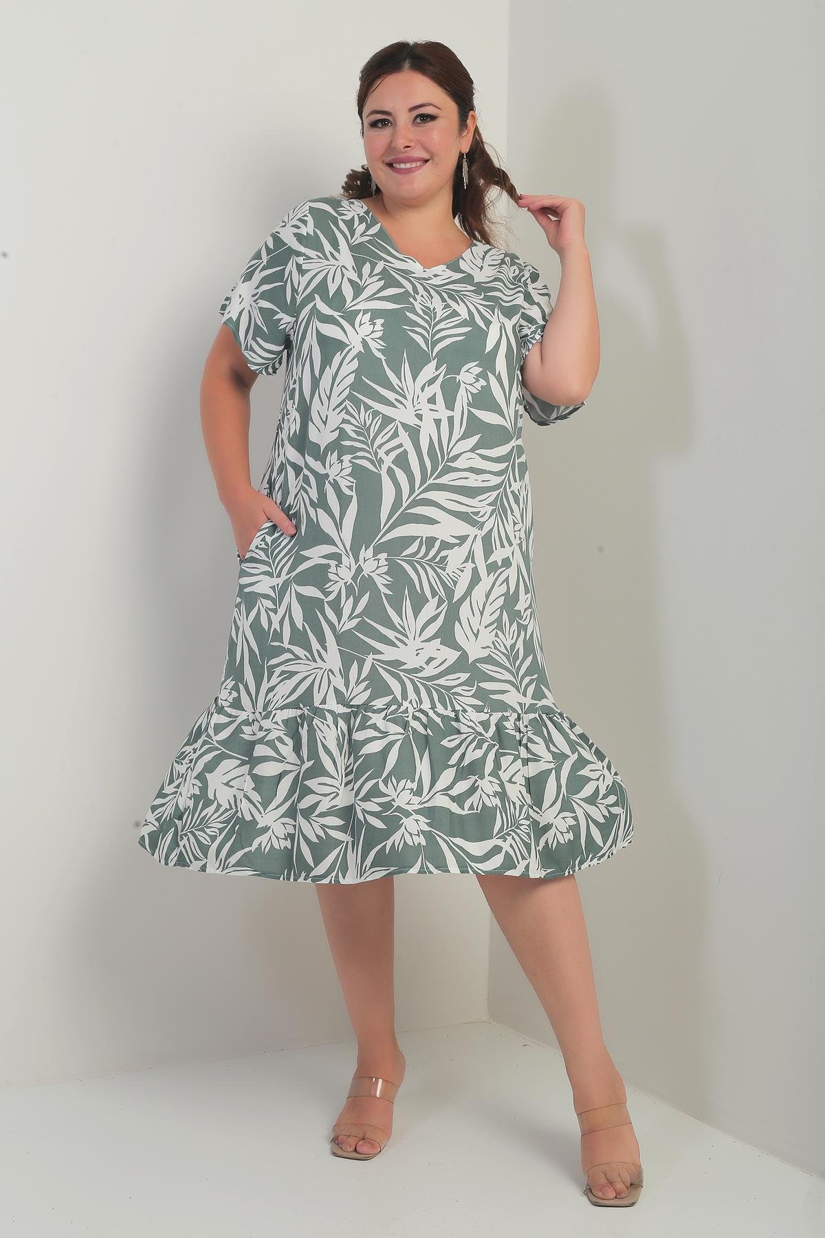 S-25Y3880023Kadın V Yaka Karışık Yaprak Desenli Cepli Eteği Fırfırlı Büyük Beden Elbise