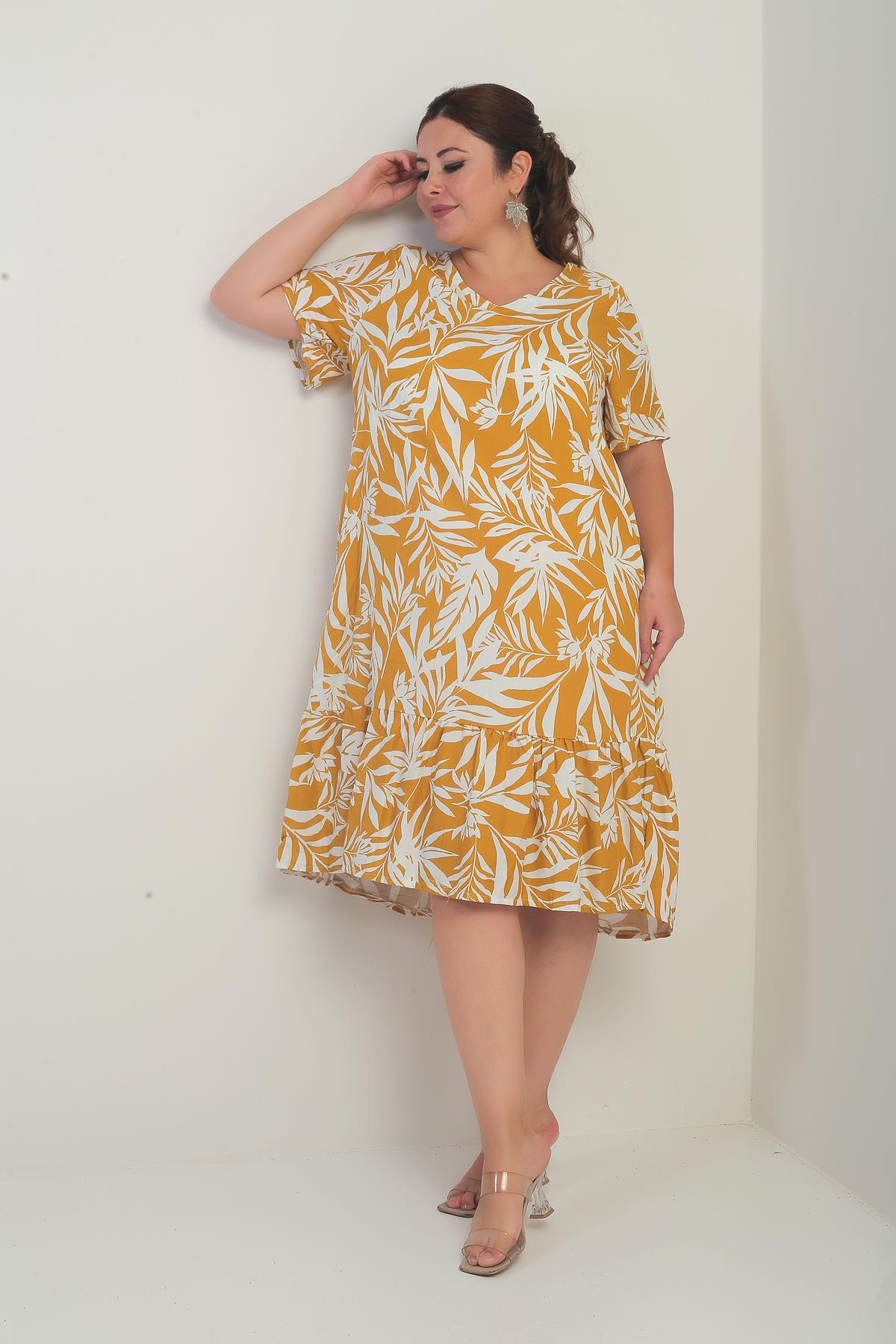 S-25Y3880023Kadın V Yaka Karışık Yaprak Desenli Cepli Eteği Fırfırlı Büyük Beden Elbise