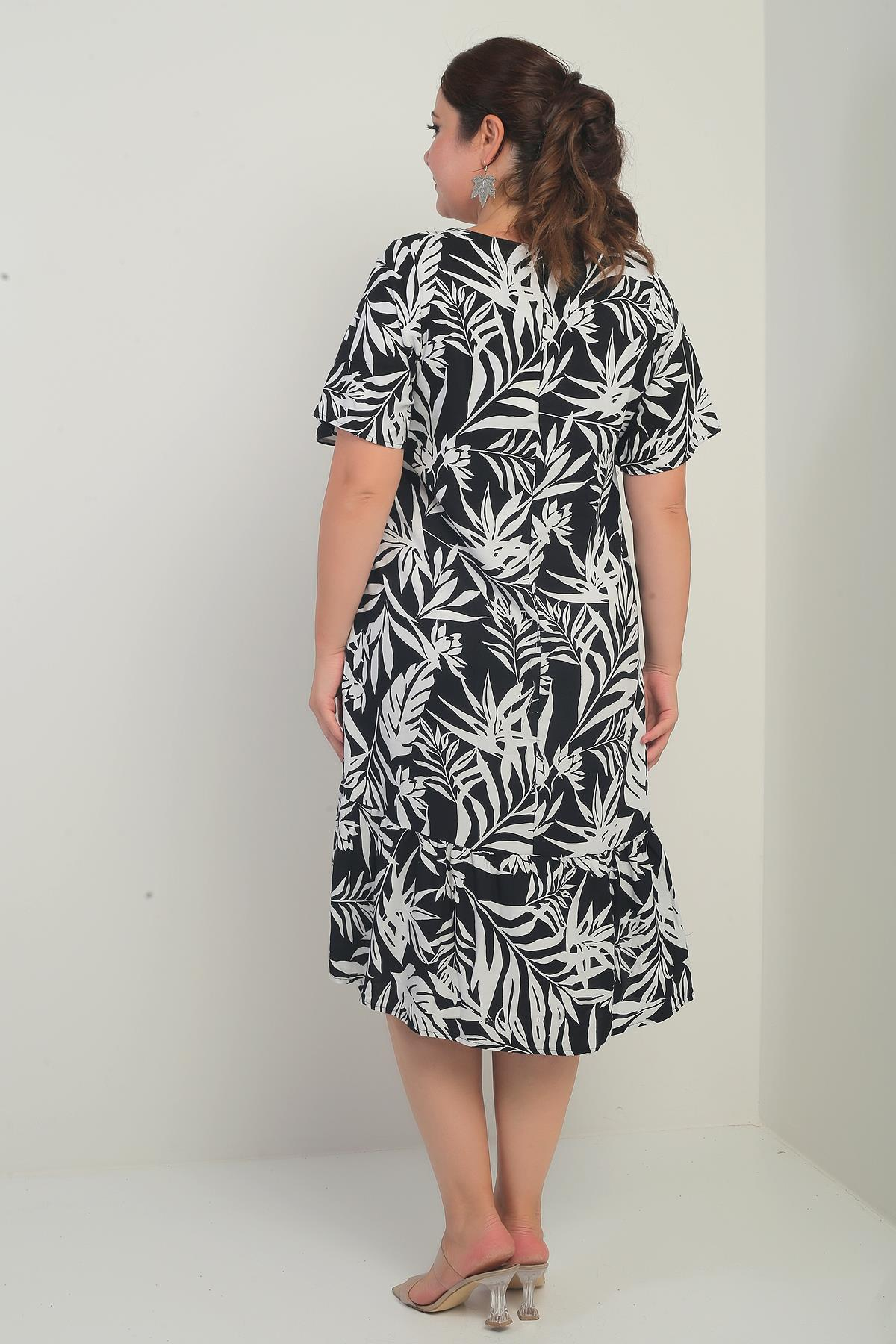 S-25Y3880023Kadın V Yaka Karışık Yaprak Desenli Cepli Eteği Fırfırlı Büyük Beden Elbise