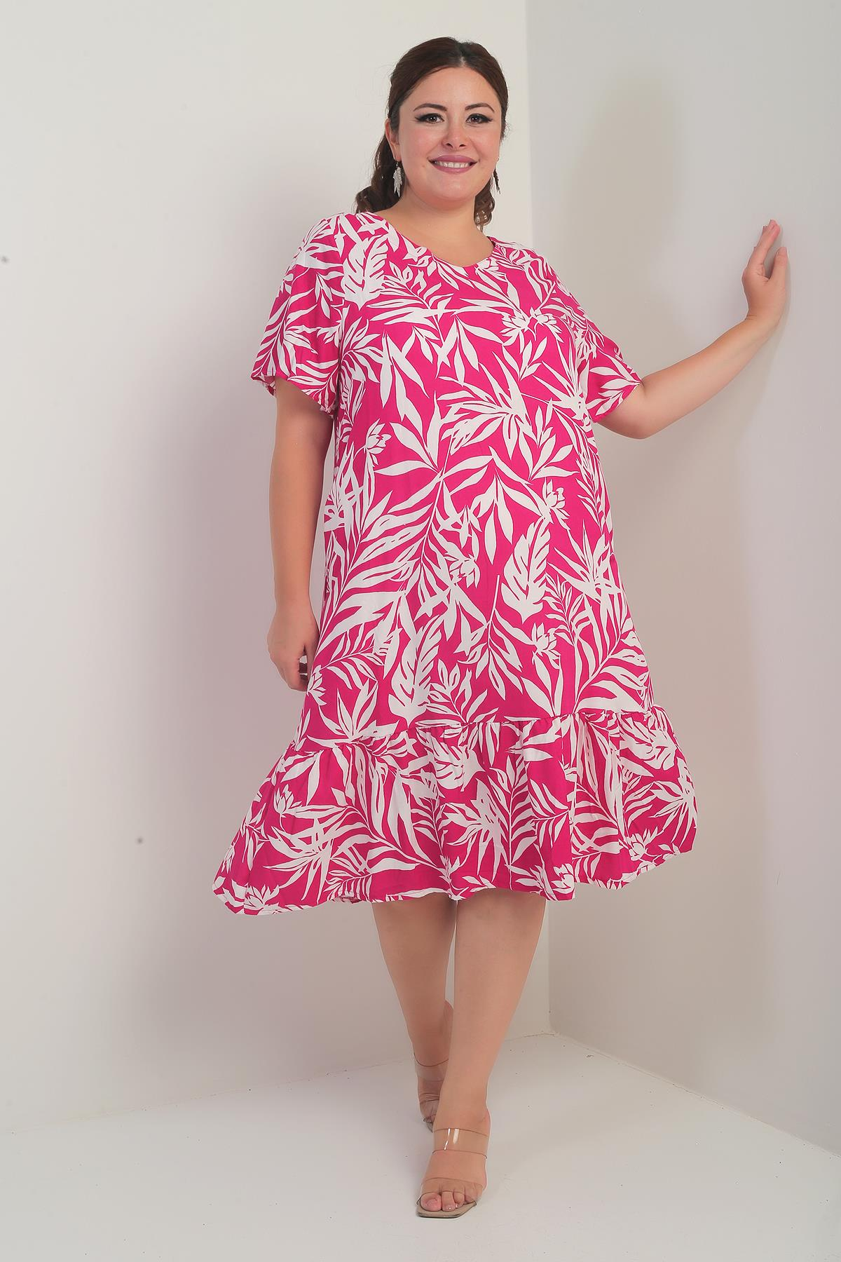 S-25Y3880023Kadın V Yaka Karışık Yaprak Desenli Cepli Eteği Fırfırlı Büyük Beden Elbise