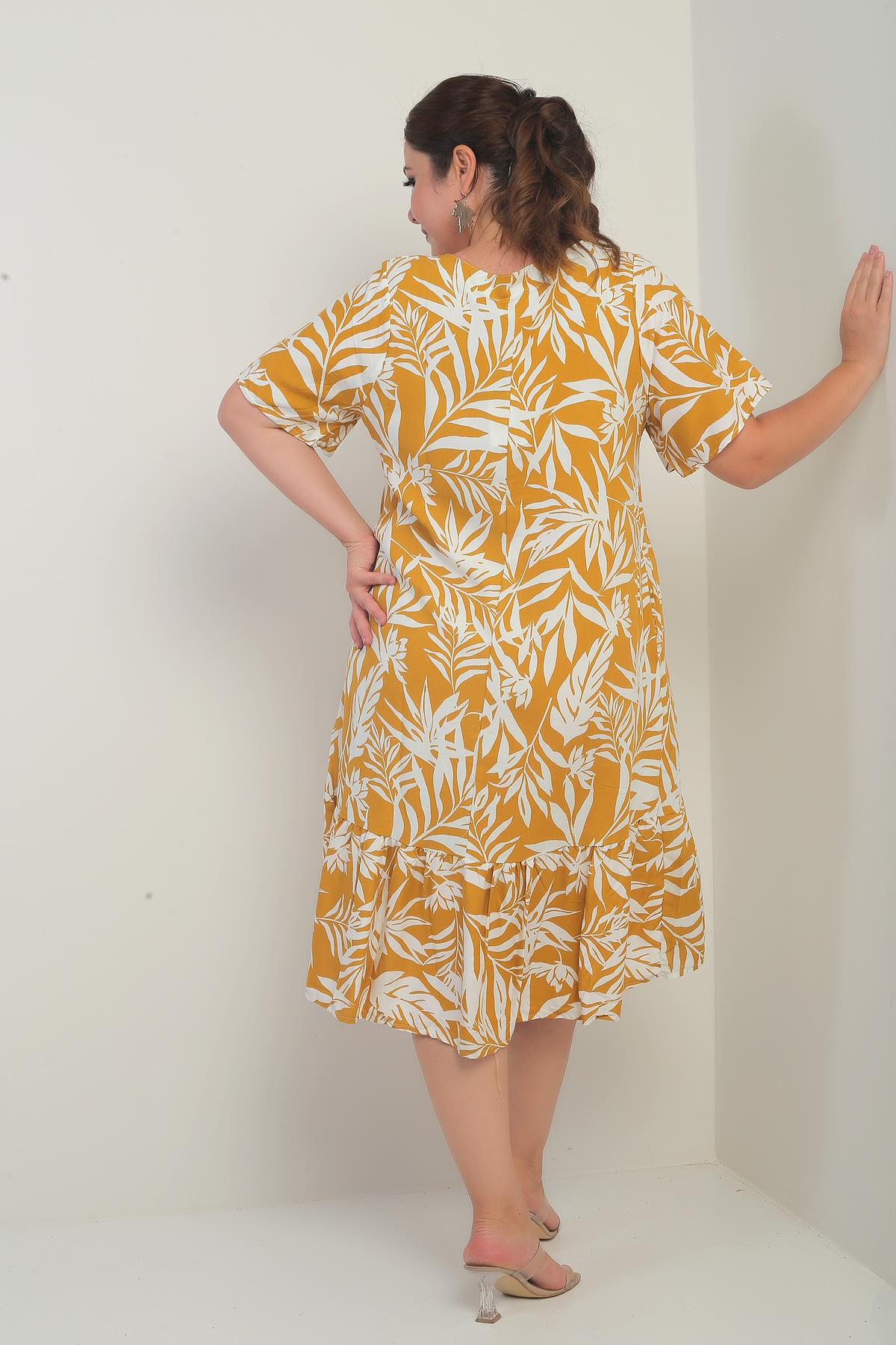 S-25Y3880023Kadın V Yaka Karışık Yaprak Desenli Cepli Eteği Fırfırlı Büyük Beden Elbise