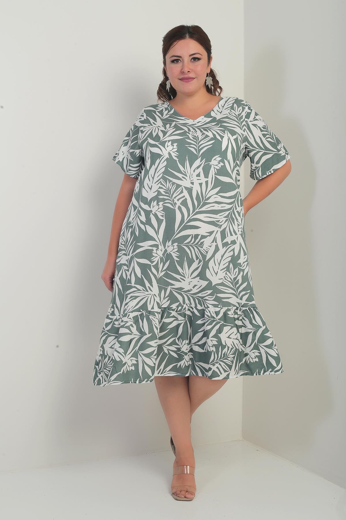 S-25Y3880023Kadın V Yaka Karışık Yaprak Desenli Cepli Eteği Fırfırlı Büyük Beden Elbise