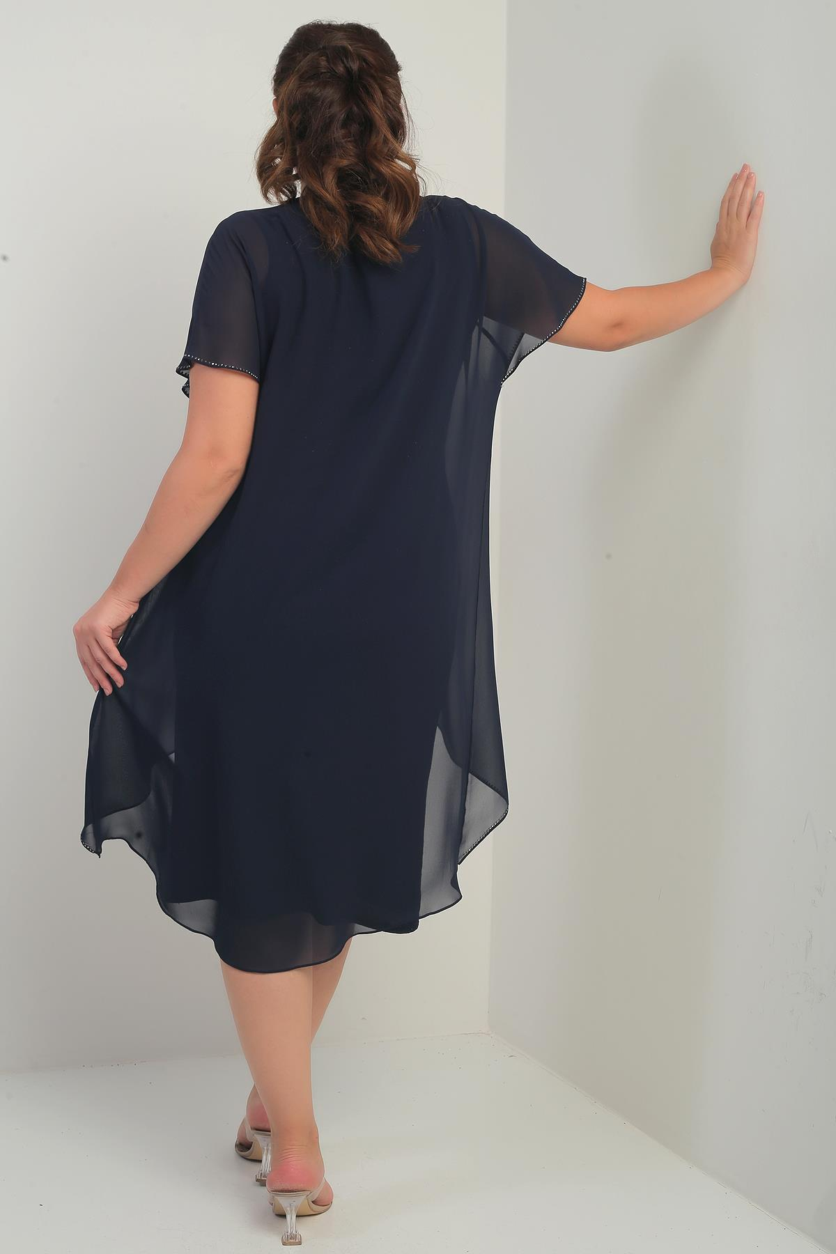 S-25Y4010001Kadın Üstü Şifon Taş Detaylı Likralı Büyük Beden Simli Elbise