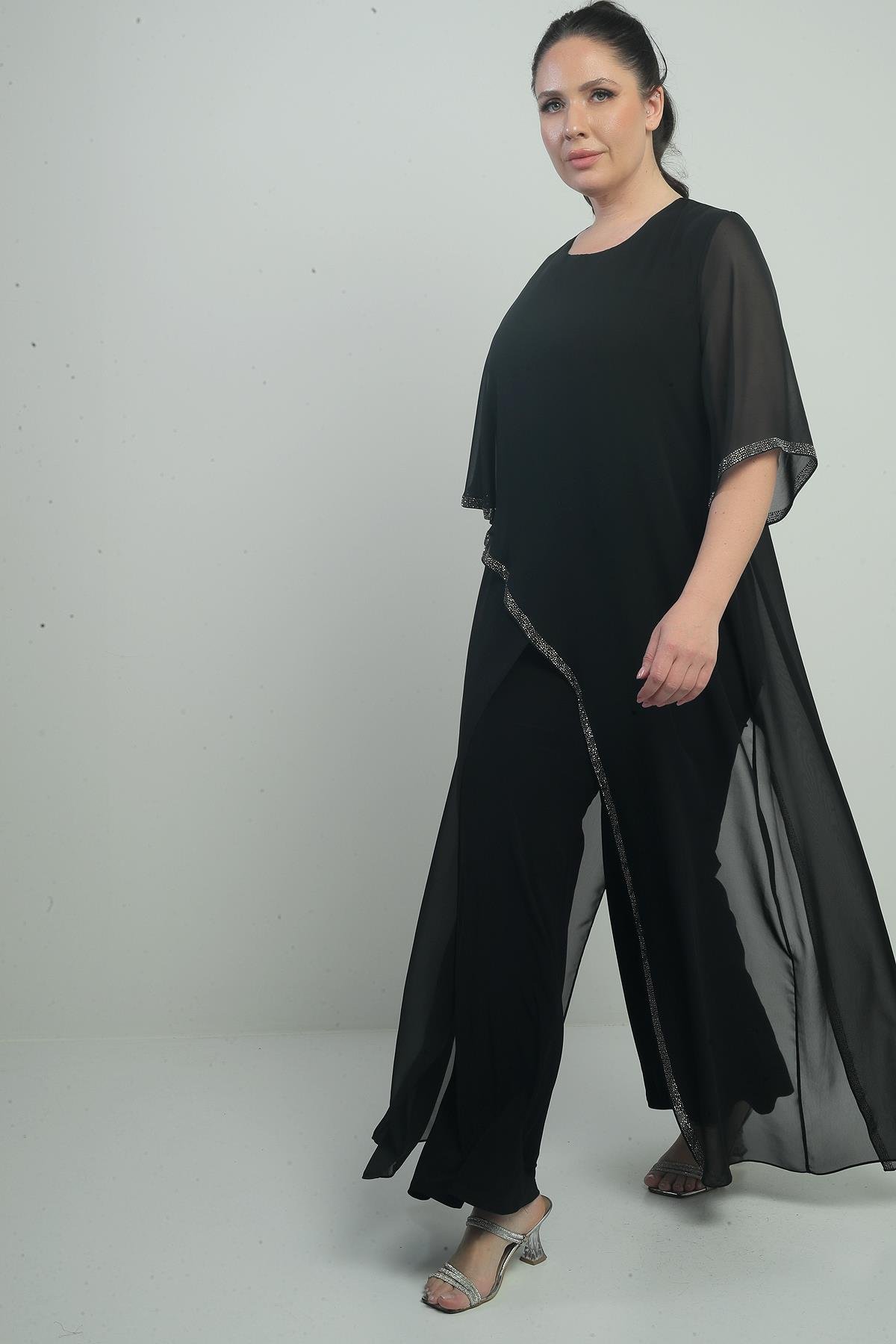 S-25Y4010003Kadın Üstü Şifon Taş Detaylı İspanyol Kollu Bol Paça Büyük Beden Likralı Tulum