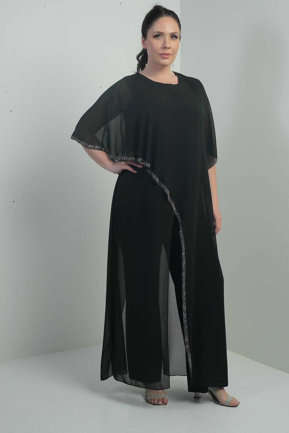 S-25Y4010003Kadın Üstü Şifon Taş Detaylı İspanyol Kollu Bol Paça Büyük Beden Likralı Tulum