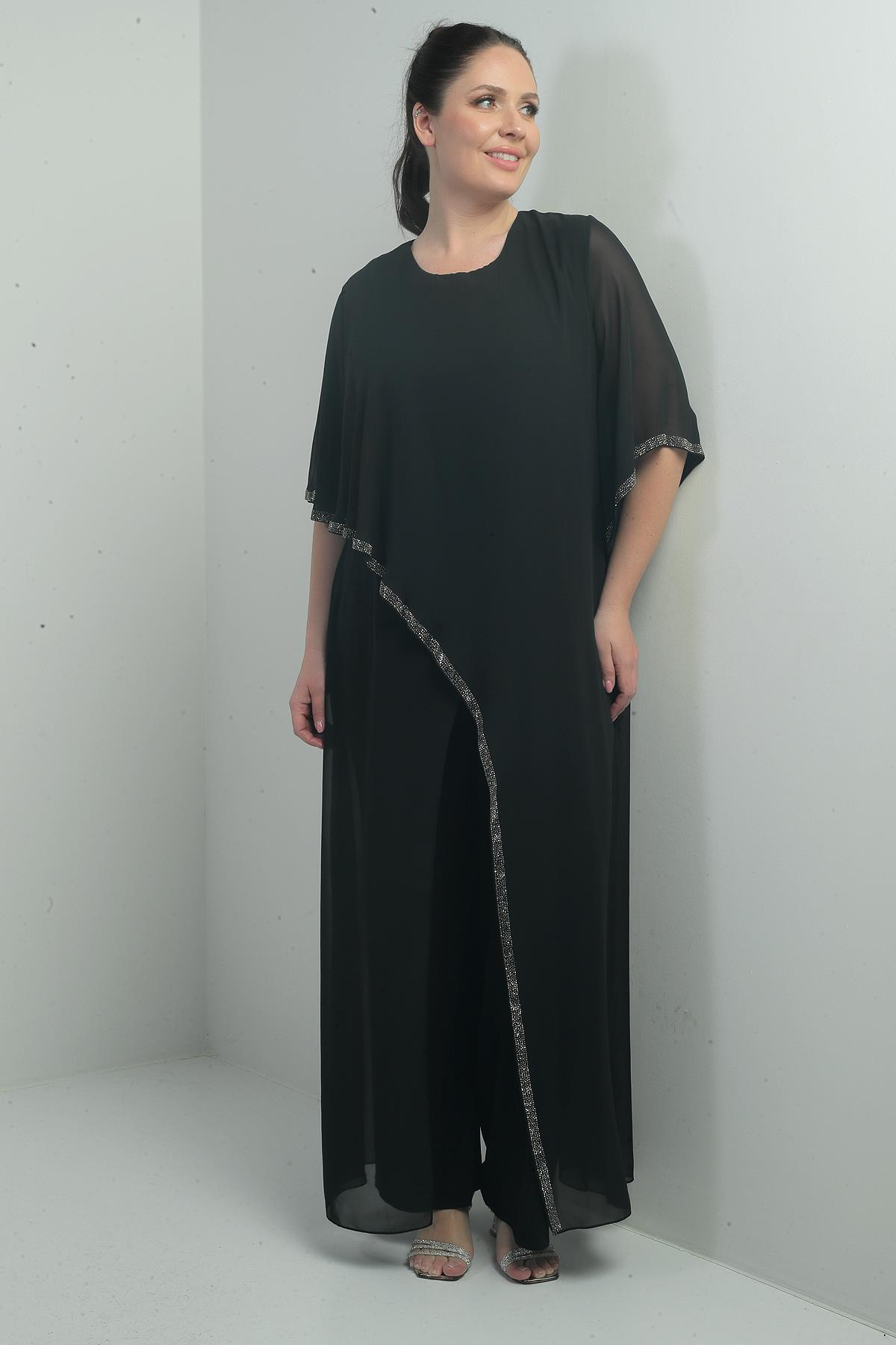 S-25Y4010003Kadın Üstü Şifon Taş Detaylı İspanyol Kollu Bol Paça Büyük Beden Likralı Tulum