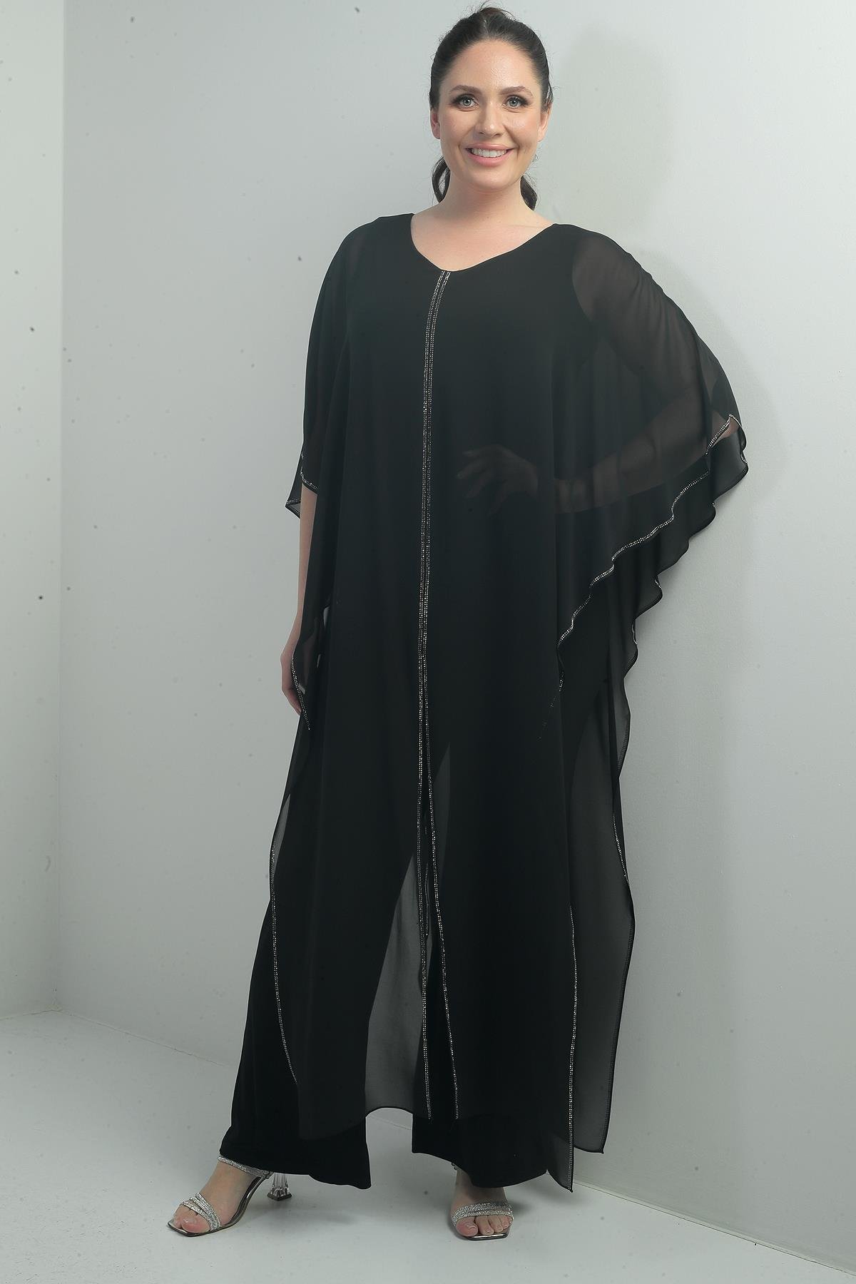 S-25Y4010004Kadın Üstü Şifon Taş Detay Pelerinli Bol Paça Likralı Büyük Beden Tulum