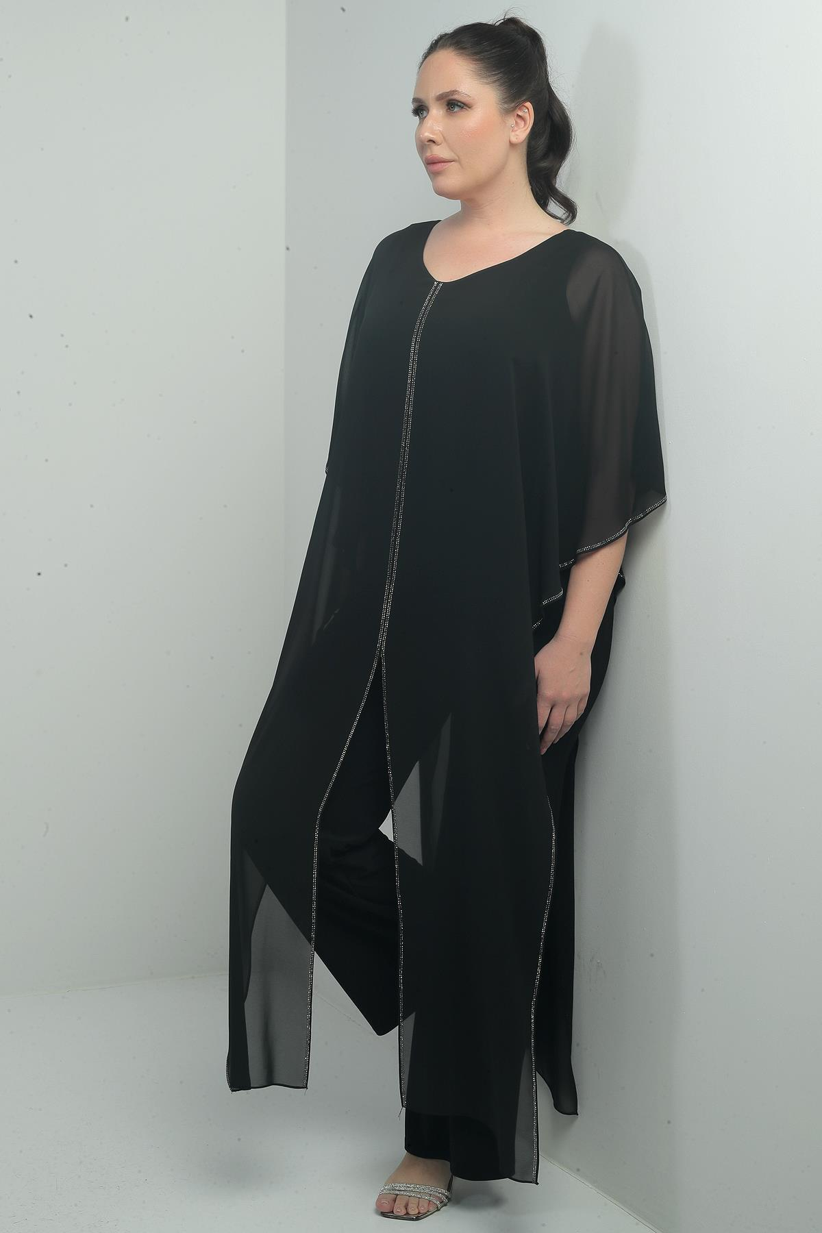 S-25Y4010004Kadın Üstü Şifon Taş Detay Pelerinli Bol Paça Likralı Büyük Beden Tulum