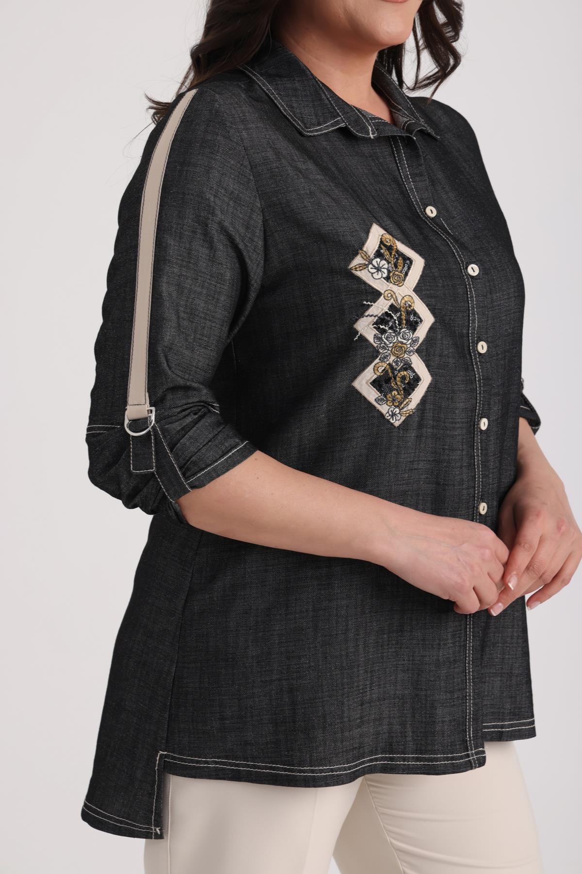 S-25Y4040006Kadın Önü Nakışlı Aplikeli D Tokalı Büyük Beden Lyocell Gömlek