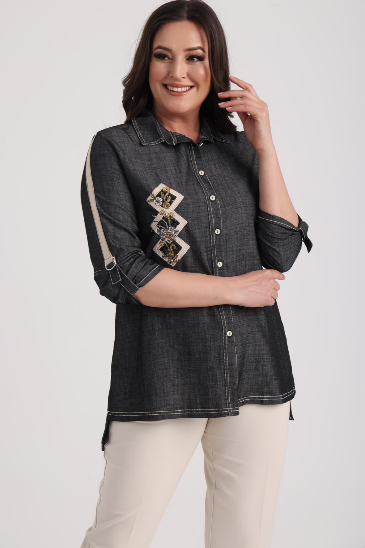 S-25Y4040006Kadın Önü Nakışlı Aplikeli D Tokalı Büyük Beden Lyocell Gömlek