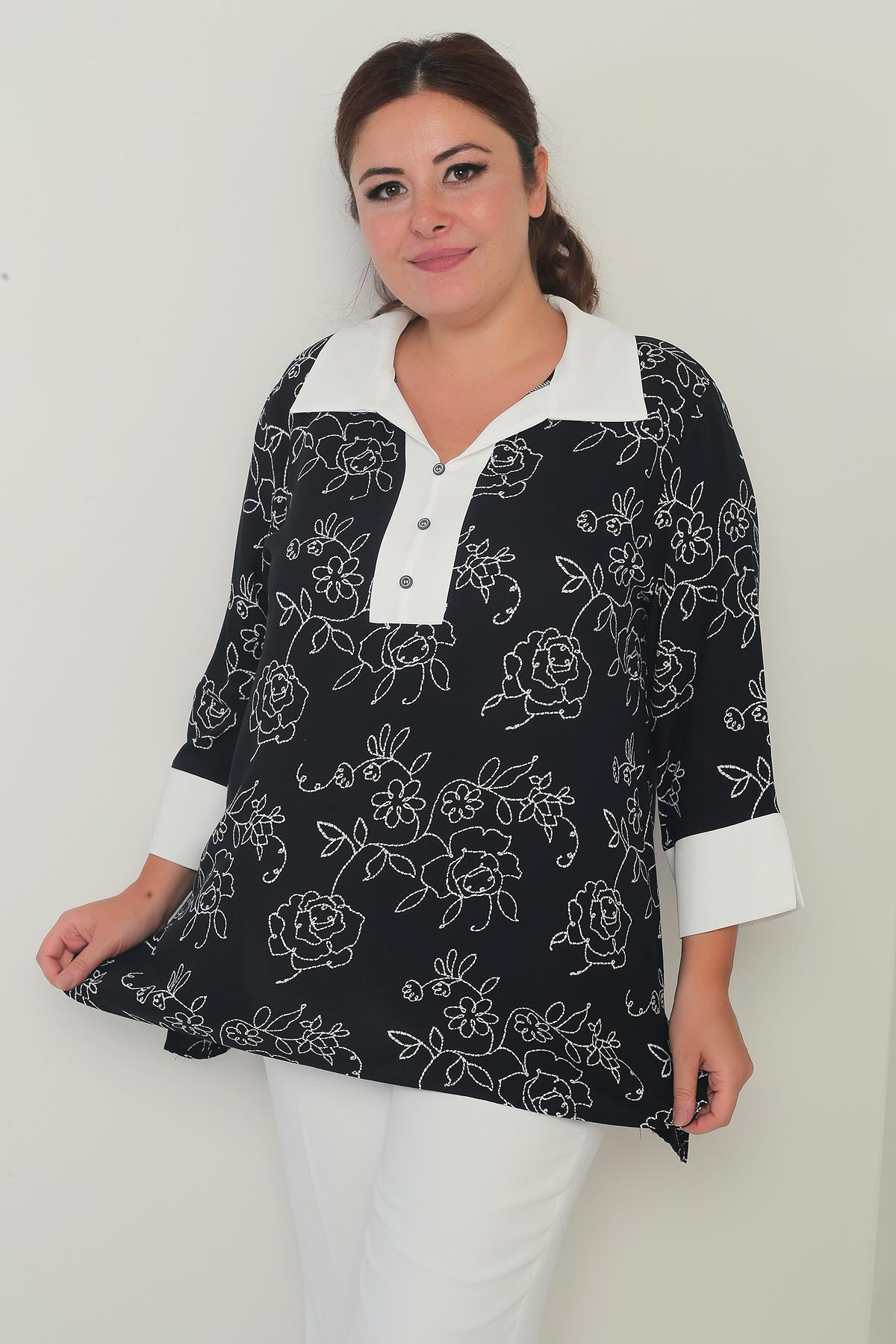 S-25Y4040010Kadın Patlı Yaka Çiçek İşlemeli B.B Bluz