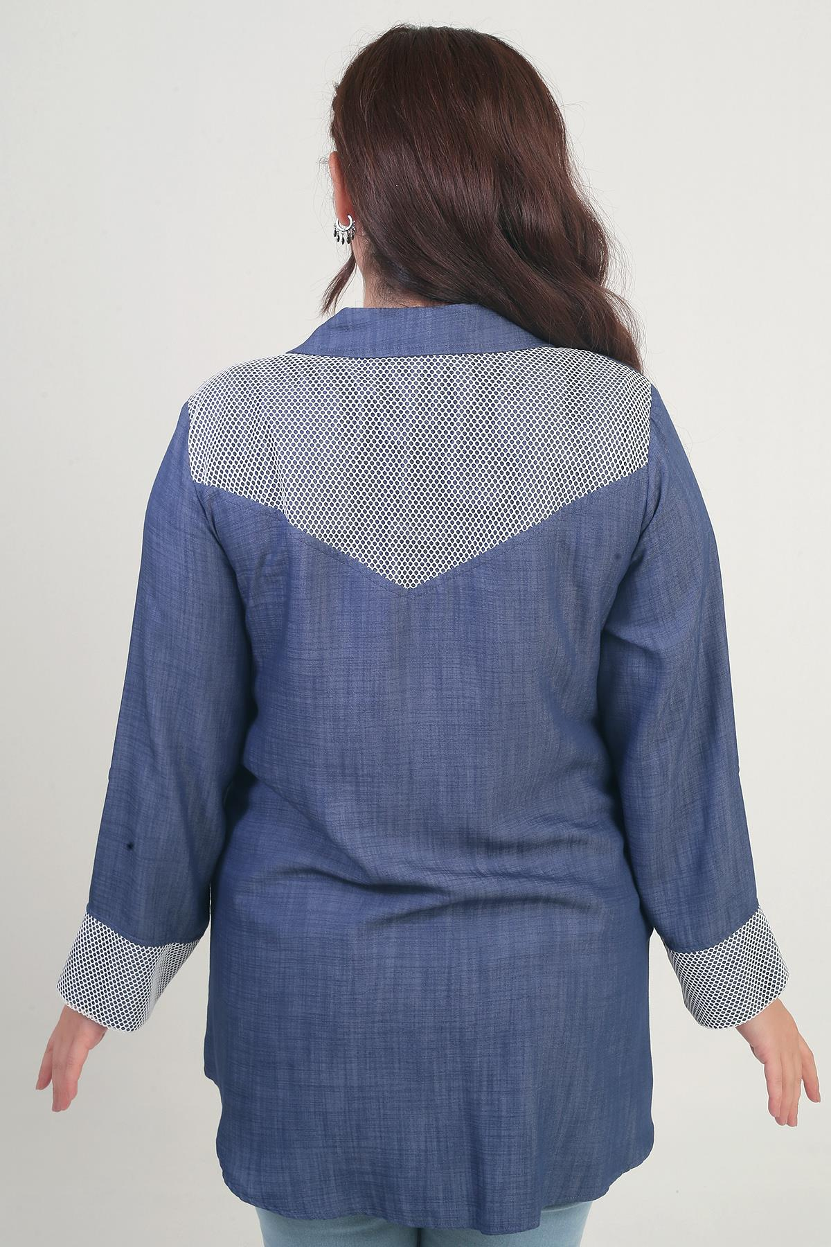 S-25Y4040024Kadın Önü Fermuarlı Desenli Büyük Beden Kot Gömlek