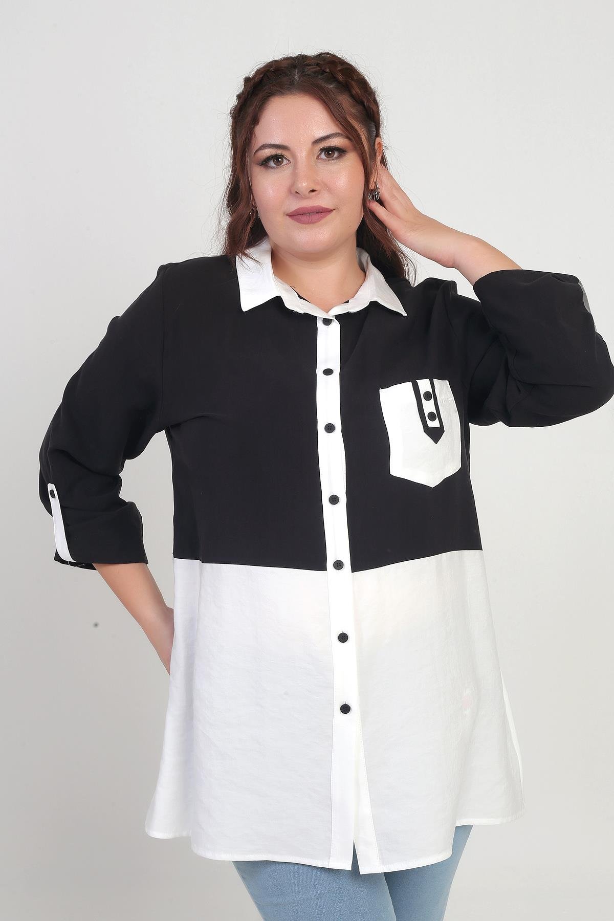 S-25Y4040033Kadın Kol Katlamalı Cepli İki Renkli Büyük Beden Lyocell Gömlek