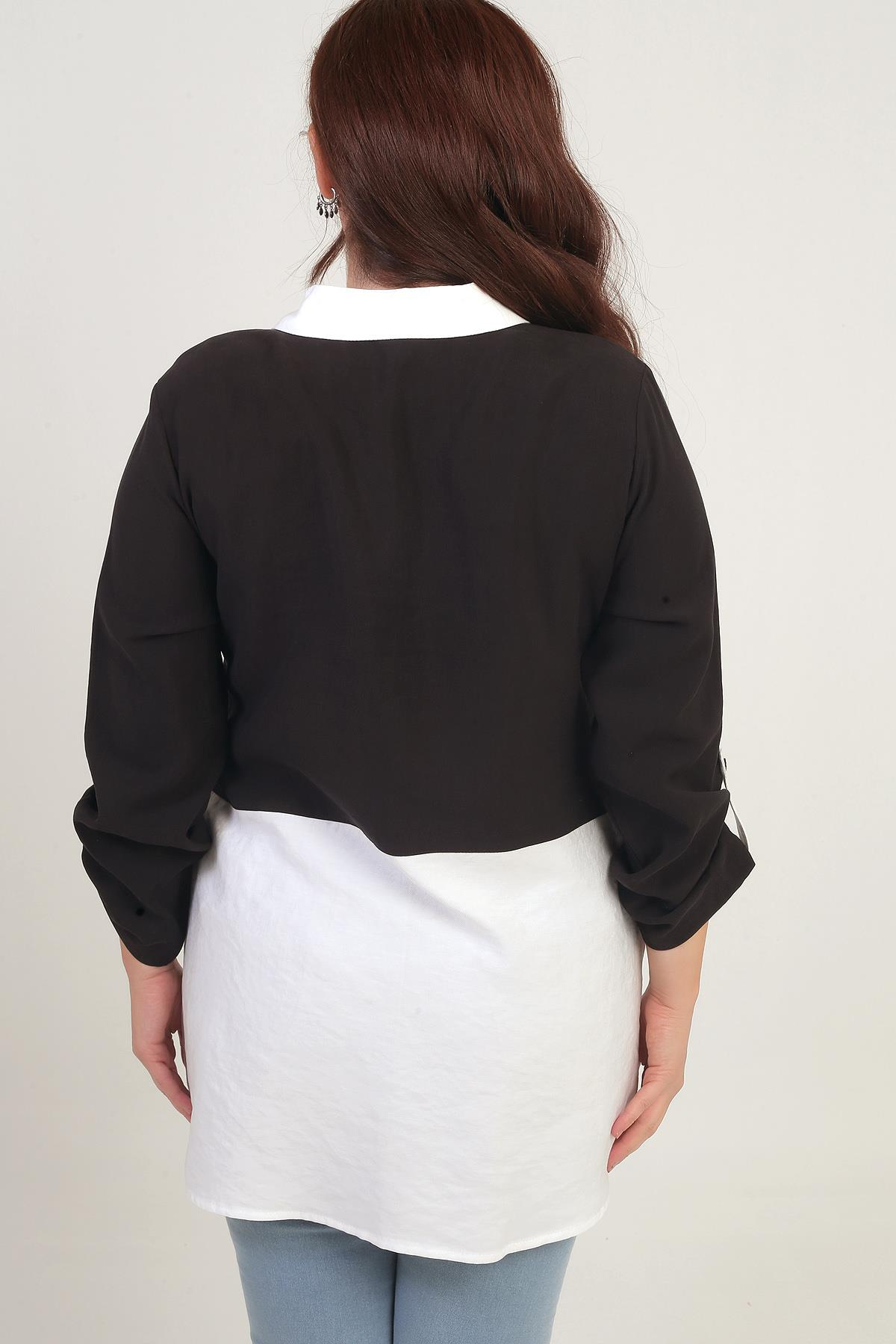 S-25Y4040033Kadın Kol Katlamalı Cepli İki Renkli Büyük Beden Lyocell Gömlek