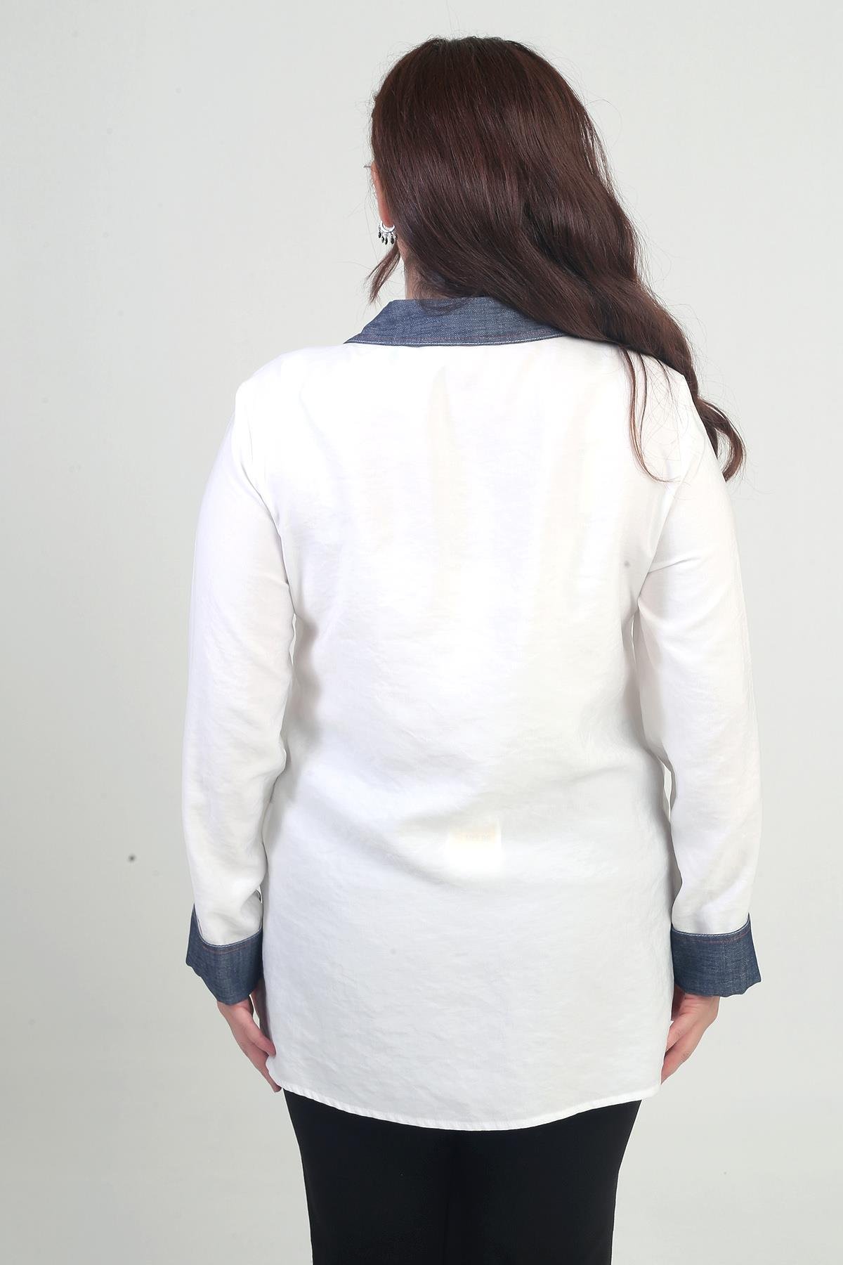 S-25Y4040034Kadın Önü Nakış İşlemeli Kot Aplikeli Büyük Beden Lyocell Gömlek