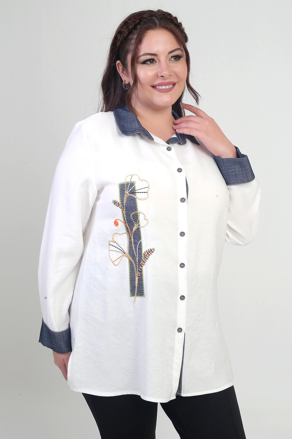 S-25Y4040034Kadın Önü Nakış İşlemeli Kot Aplikeli Büyük Beden Lyocell Gömlek