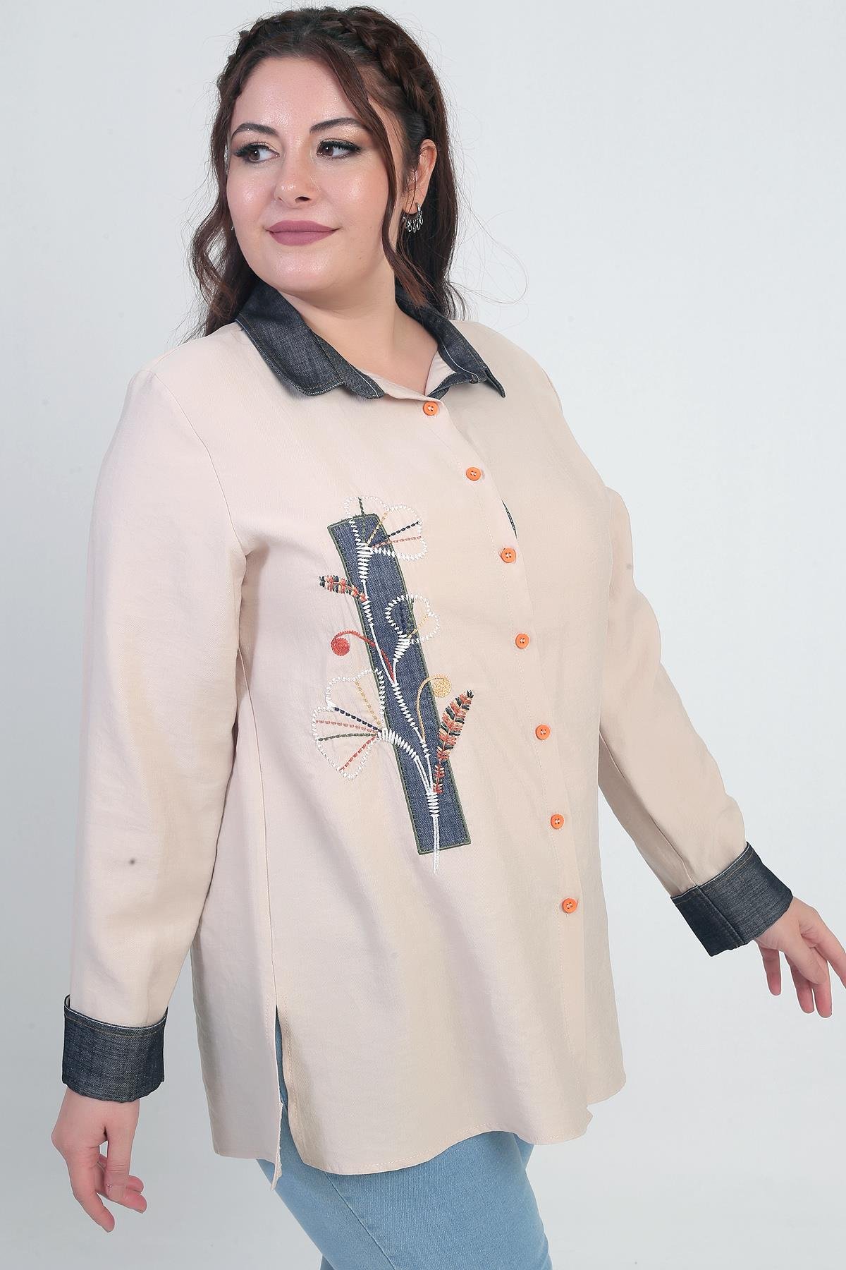 S-25Y4040034Kadın Önü Nakış İşlemeli Kot Aplikeli Büyük Beden Lyocell Gömlek