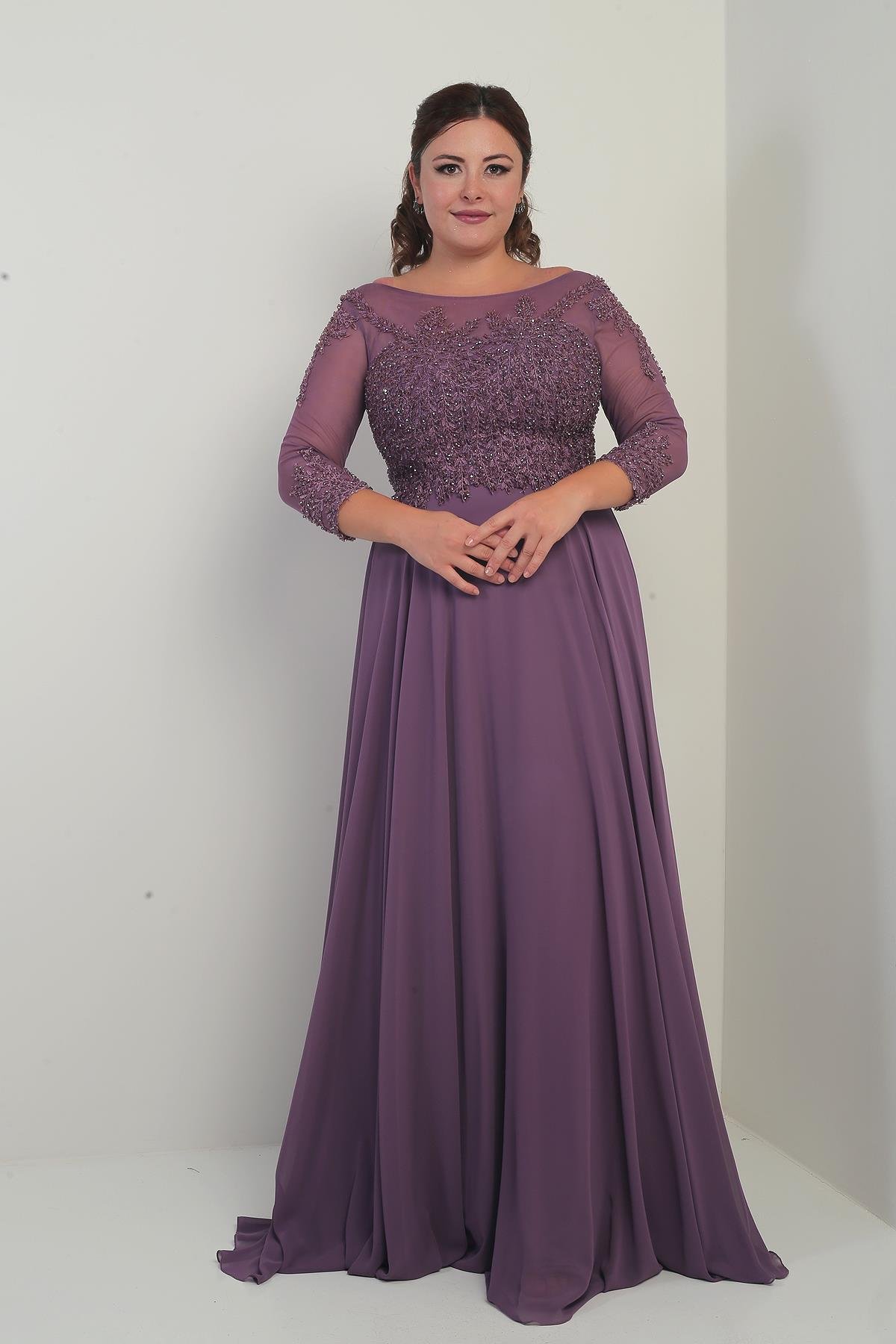 S-25Y4120006Kadın Üstü Güpür İşlemeli Astarlı Büyük Beden Uzun Şifon Elbise