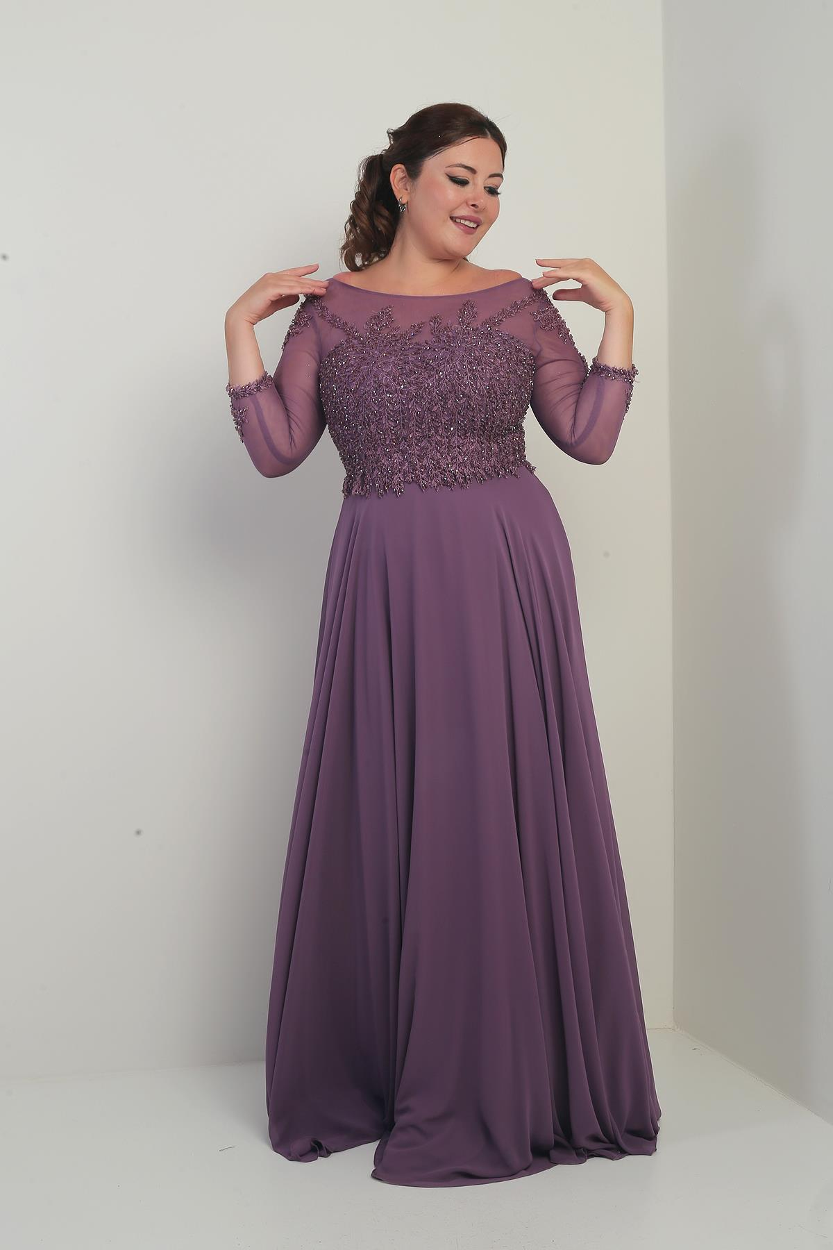 S-25Y4120006Kadın Üstü Güpür İşlemeli Astarlı Büyük Beden Uzun Şifon Elbise