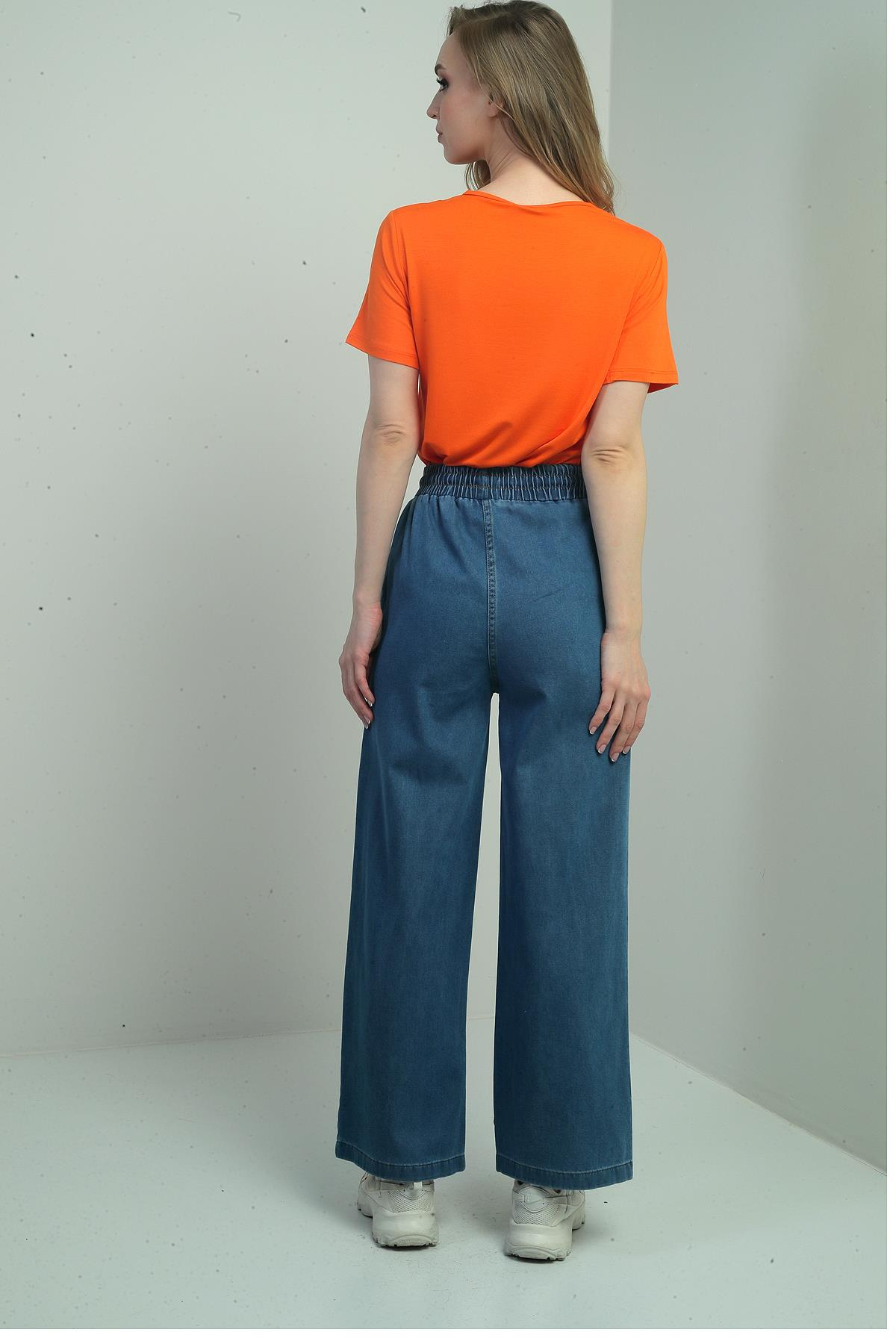 S-25Y4140002Kadın Beli Lastikli Yandan Cepli Palazzo Kot Pantolon