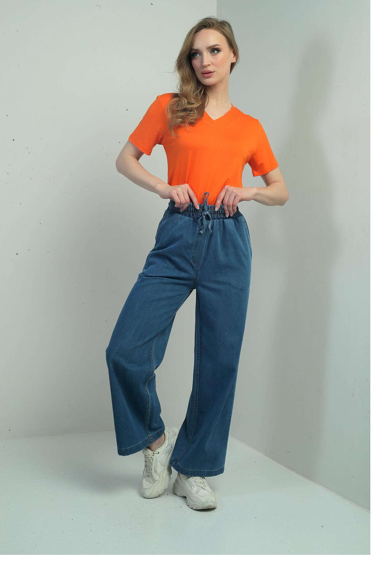 S-25Y4140002Kadın Beli Lastikli Yandan Cepli Palazzo Kot Pantolon