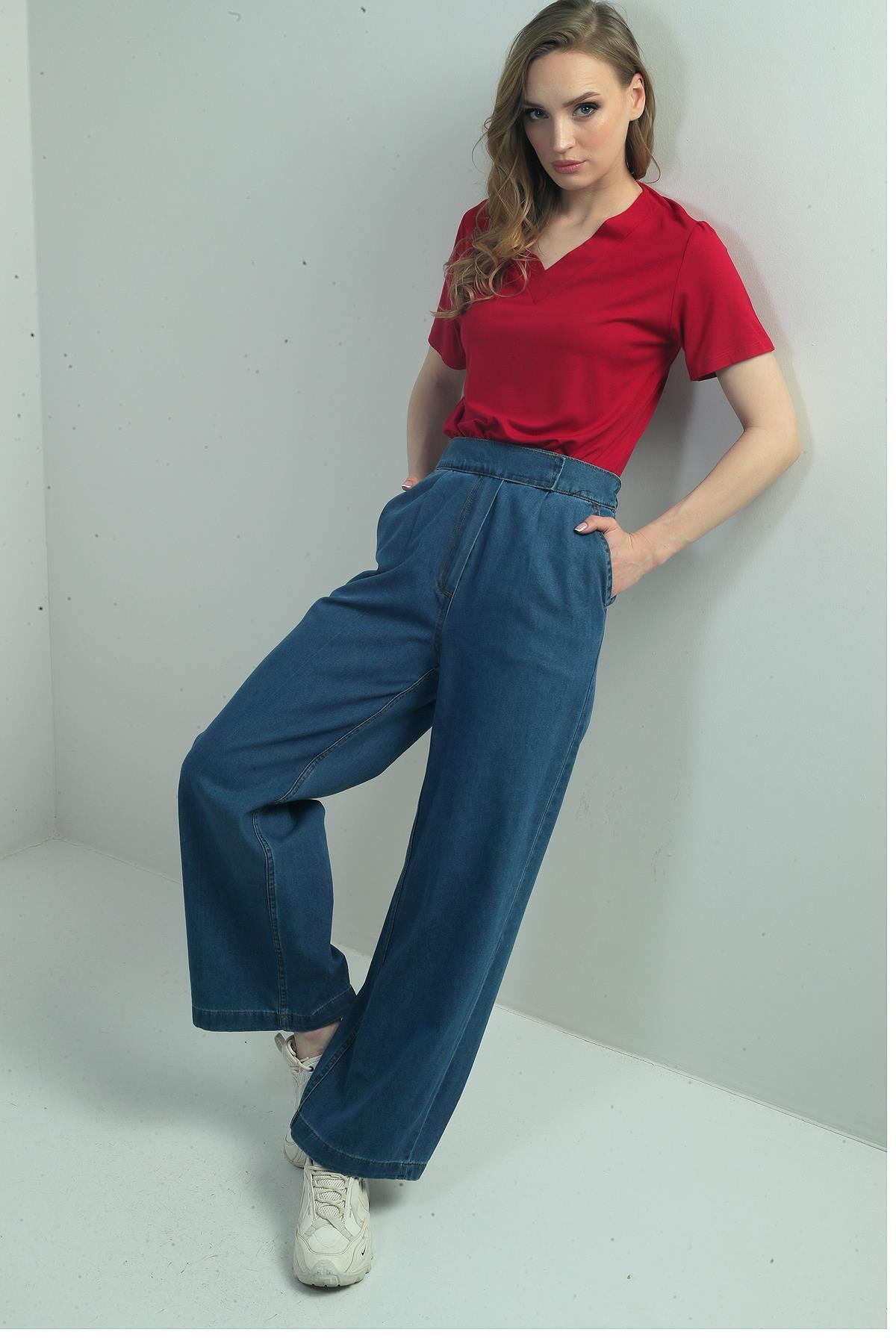 S-25Y4140006Kadın Beli Lastikli Ve Cırtlı Yandan Cepli Bol Paça Kot Pantolon