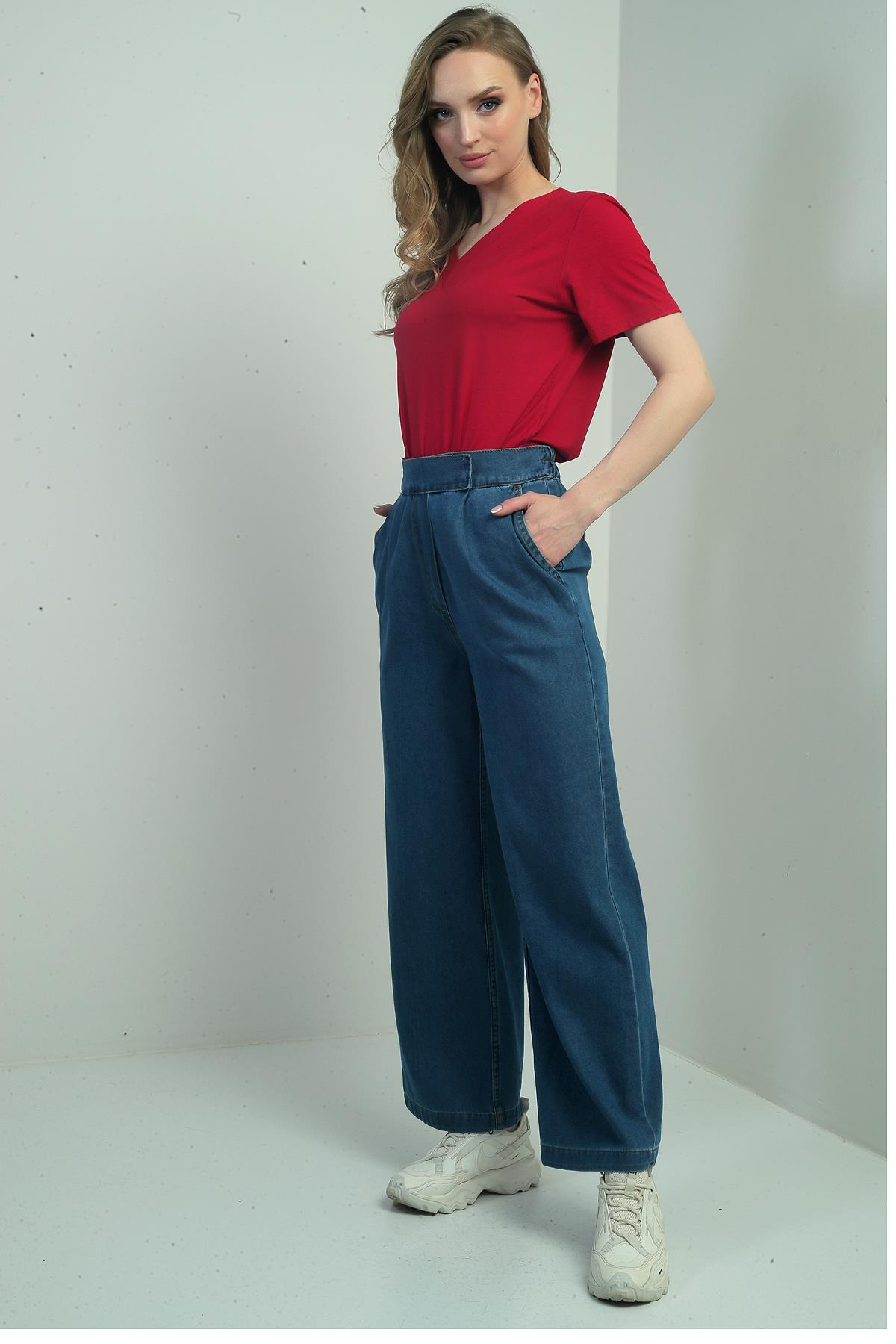 S-25Y4140006Kadın Beli Lastikli Ve Cırtlı Yandan Cepli Bol Paça Kot Pantolon