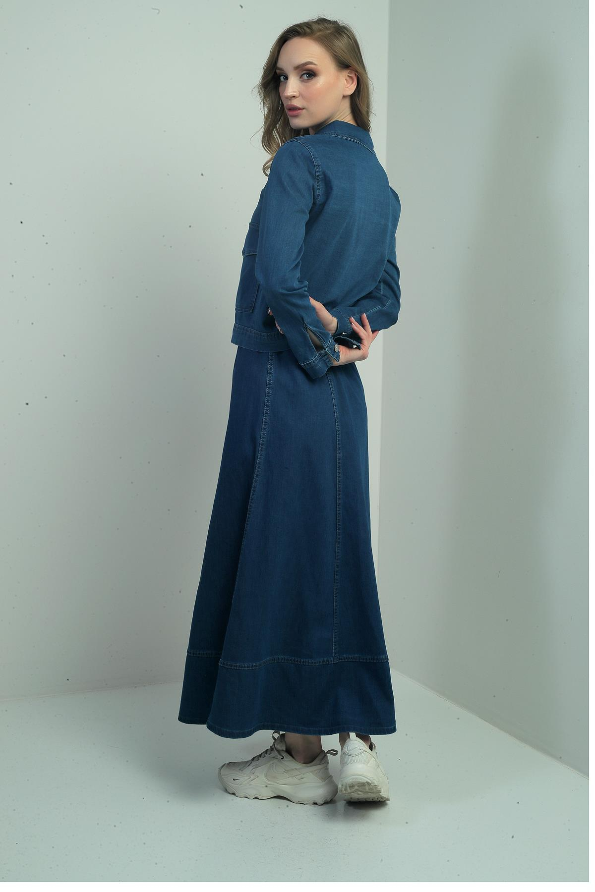 S-25Y4140010Kadın Beli Lastikli Uzun Kloş Etek Önü Fermuarlı Torba Cepli Ceket 2'li Kot Takım