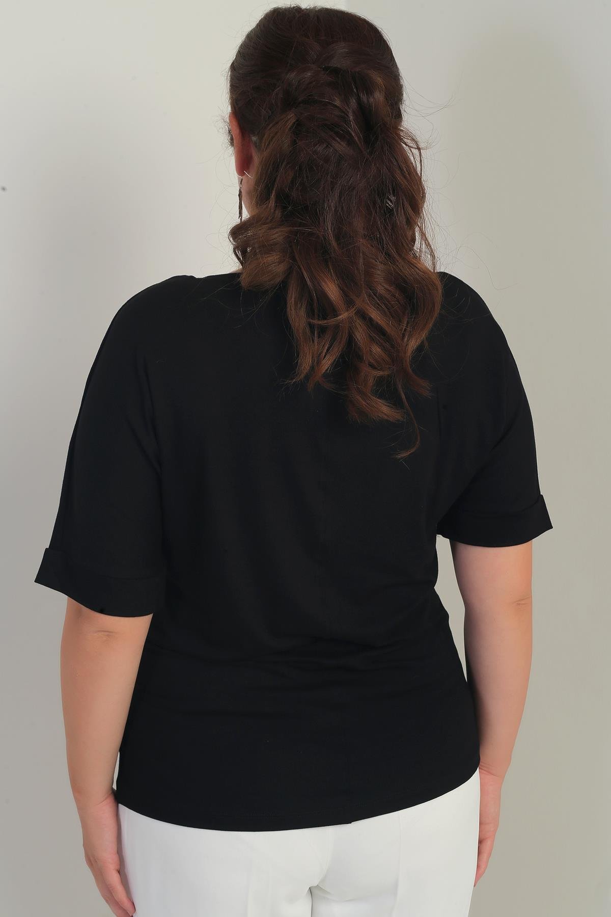 S-25Y4170002Kadın  V Yaka Kısa Yarasa Kollu Taş Detaylı Kelebek Desenli Likralı Büyük Beden Bluz