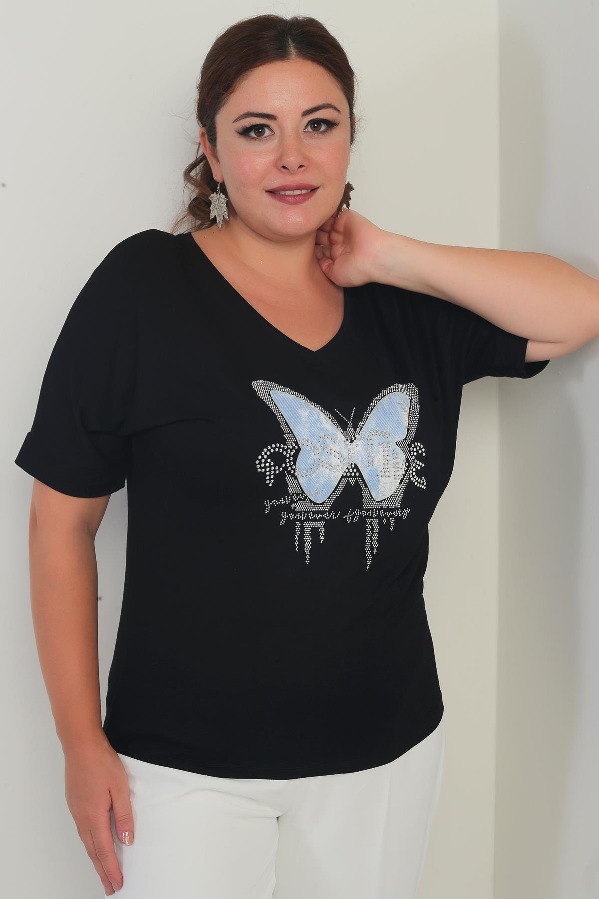 S-25Y4170002Kadın  V Yaka Kısa Yarasa Kollu Taş Detaylı Kelebek Desenli Likralı Büyük Beden Bluz