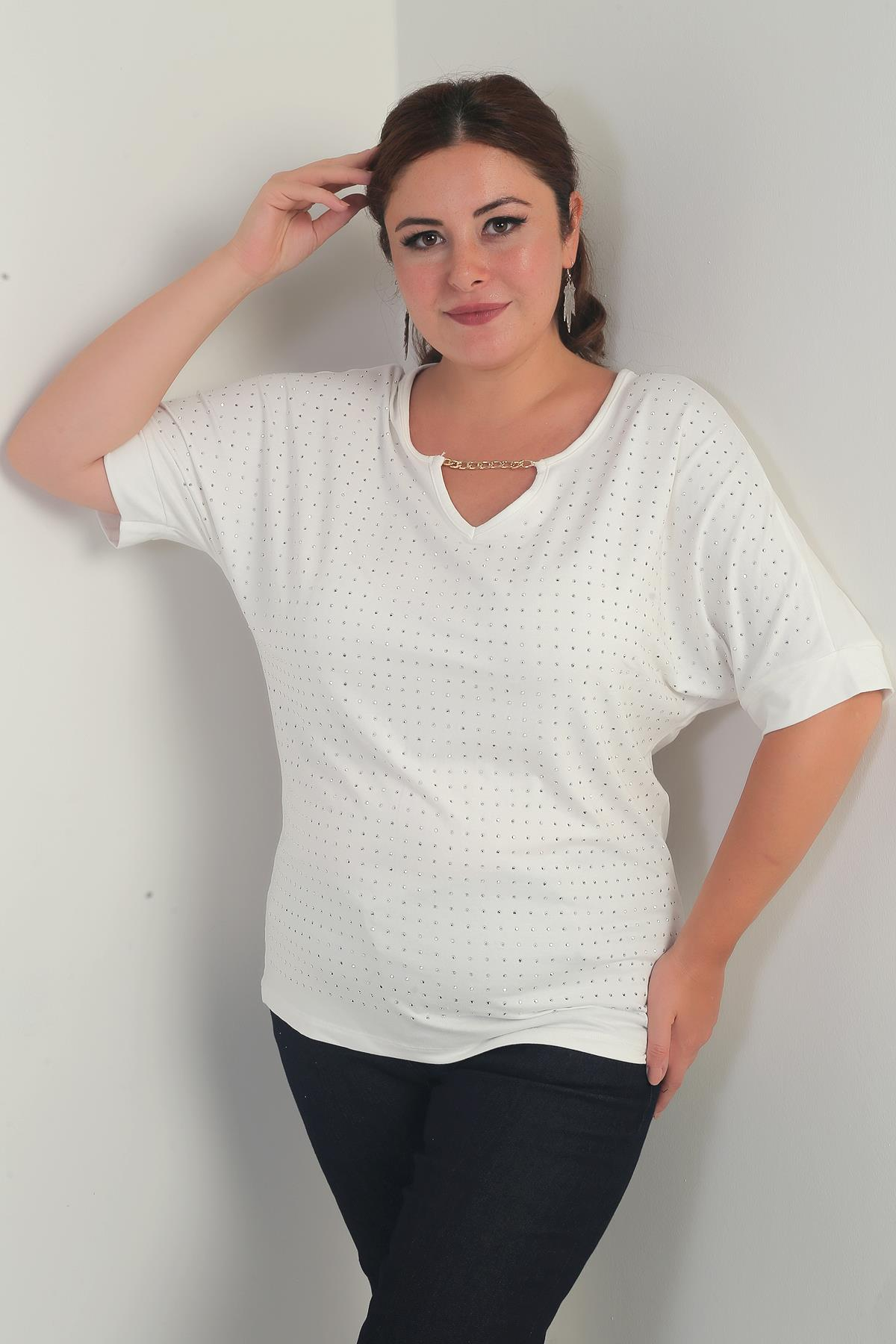 S-25Y4170003Kadın Yakası Zincirli Kısa Yarasa Kollu Taşlı Likralı Büyük Beden Bluz