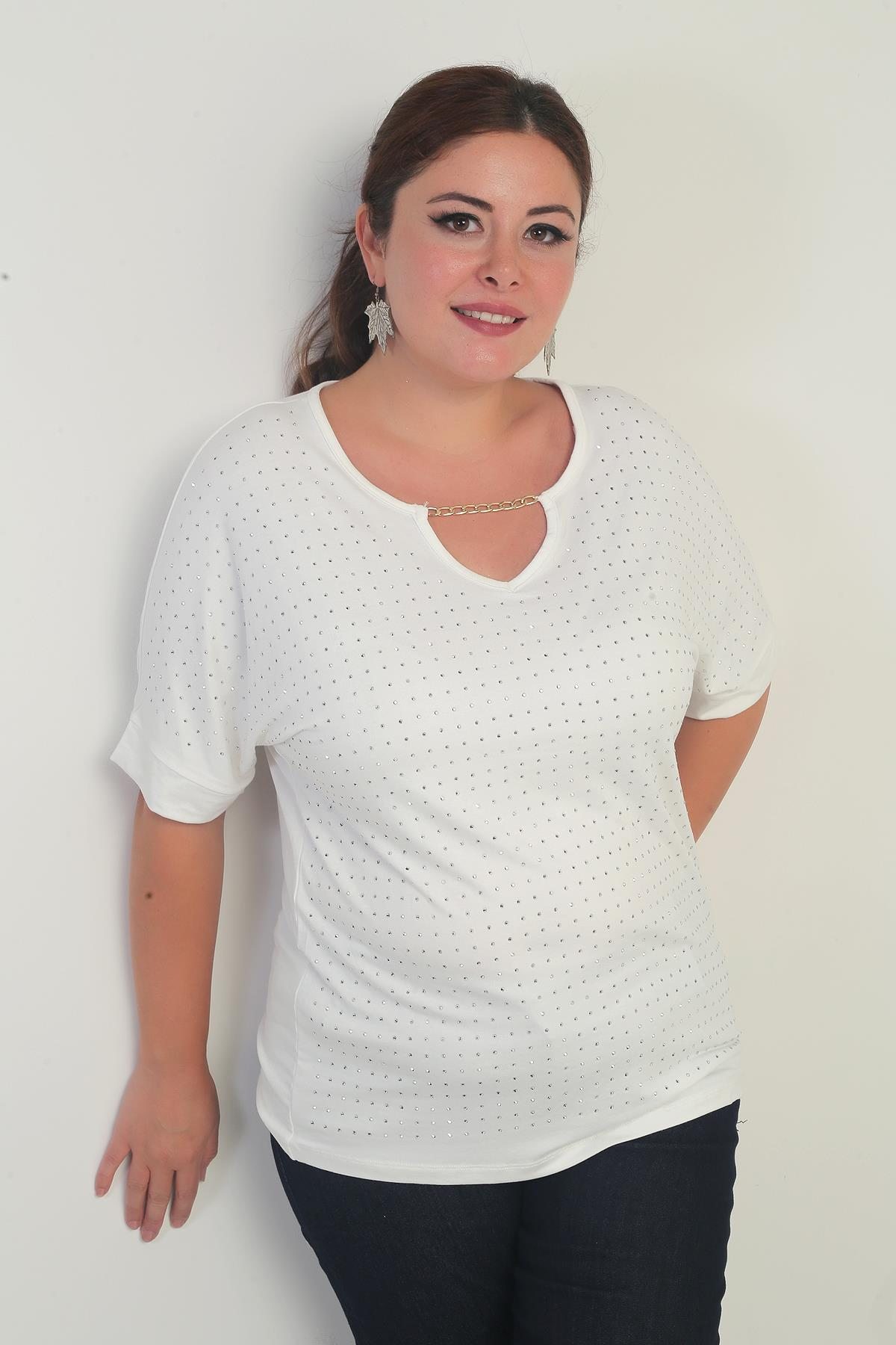 S-25Y4170003Kadın Yakası Zincirli Kısa Yarasa Kollu Taşlı Likralı Büyük Beden Bluz