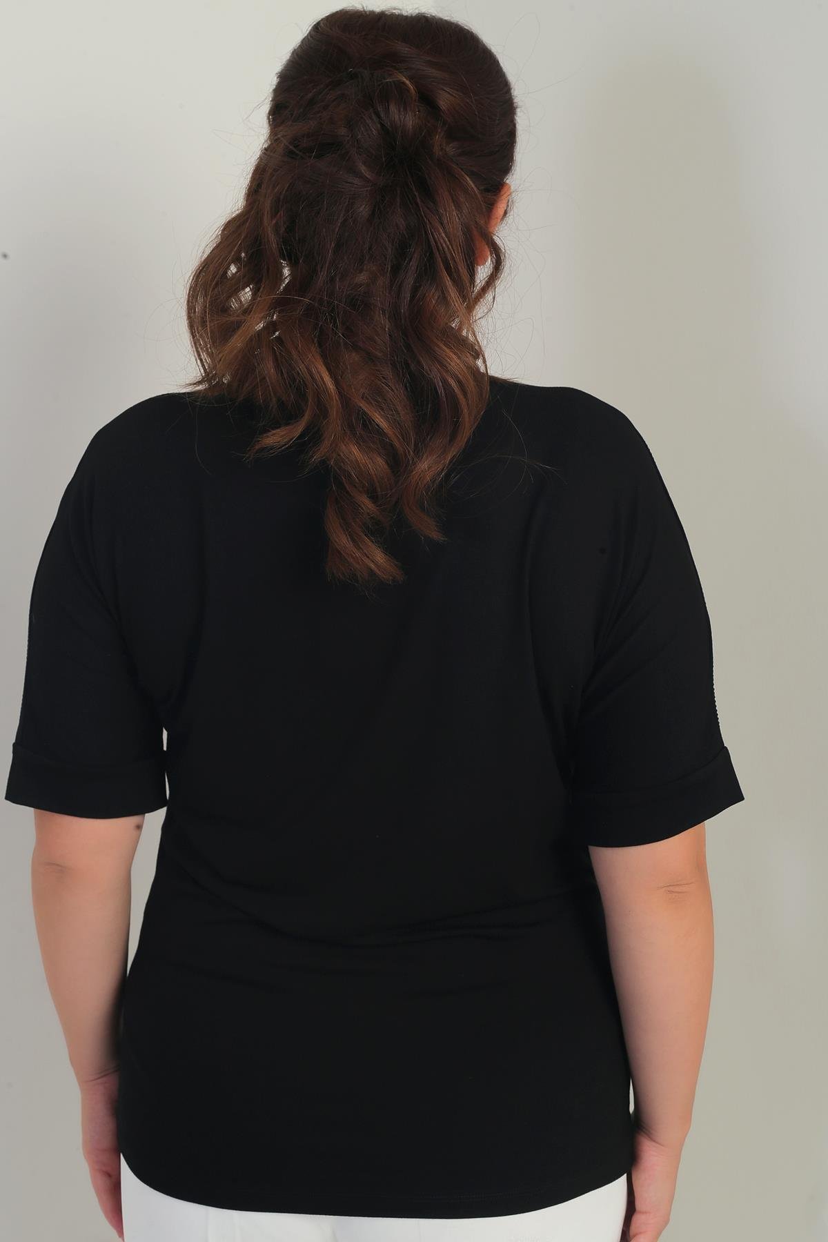 S-25Y4170004Kadın Kısa Yarasa Kollu Omuzları Taşlı Likralı Büyük Beden Bluz