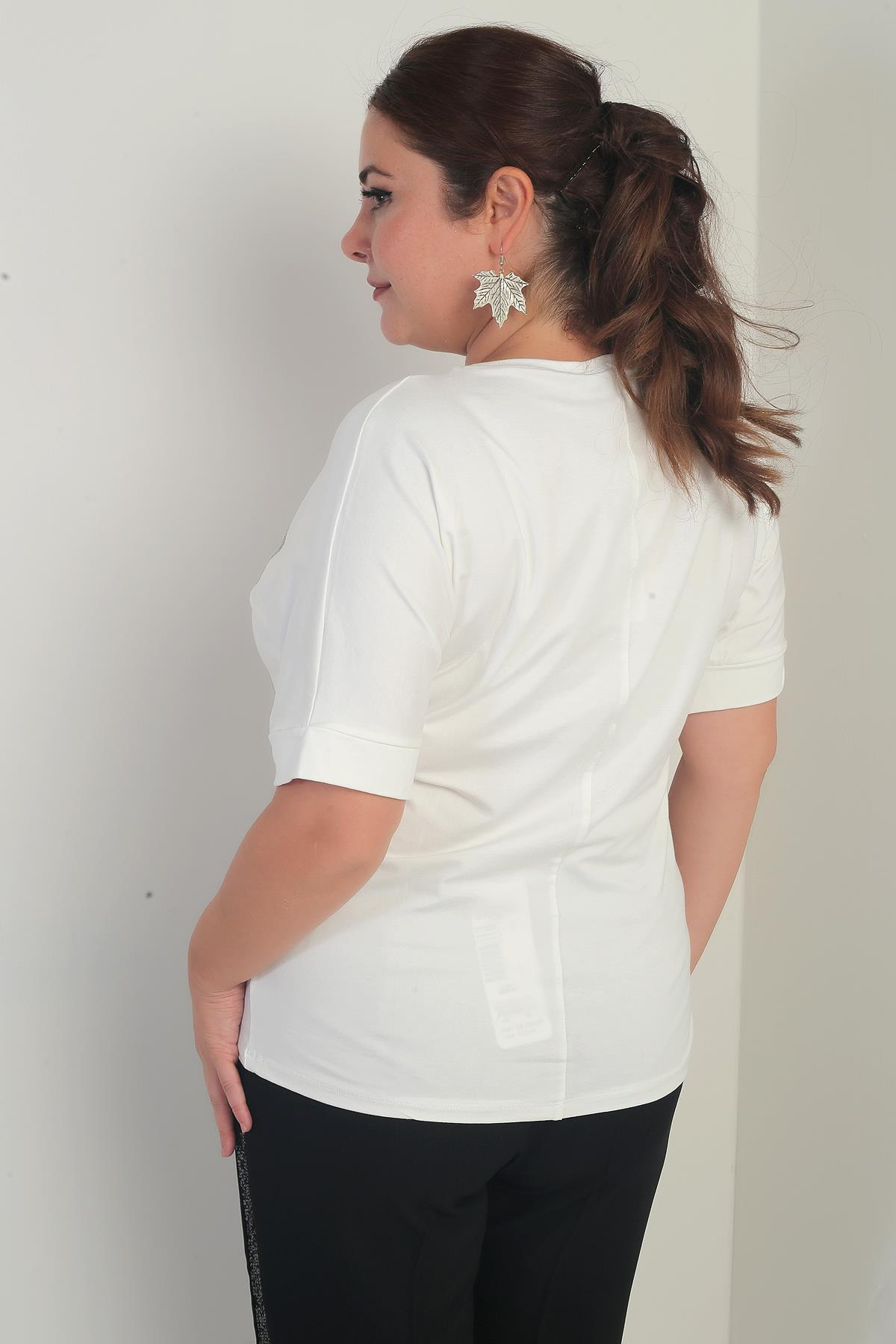 S-25Y4170005Kadın Kısa Yarasa Kollu Taş Detaylı Gül Desenli Likralı Büyük Beden Bluz