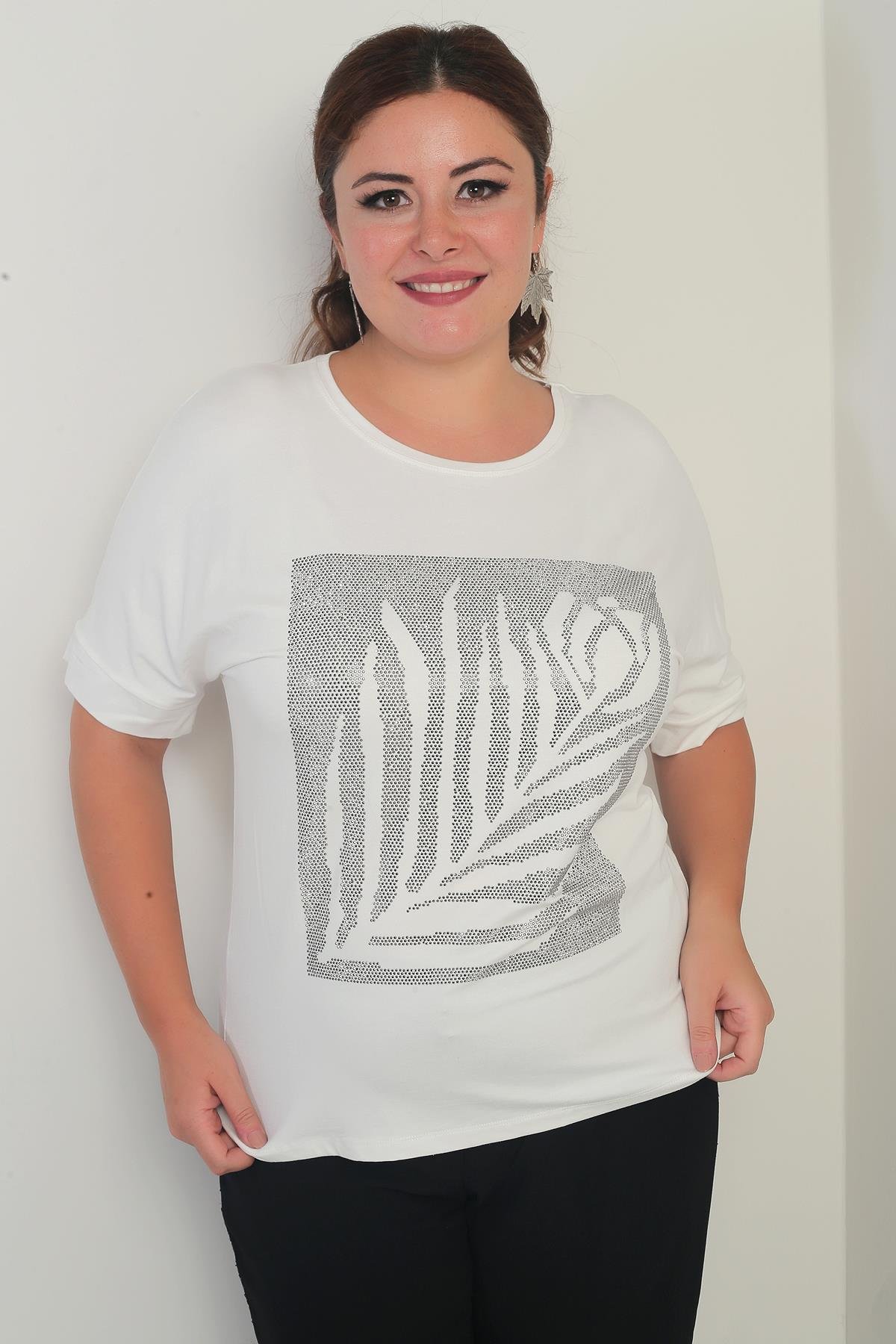 S-25Y4170005Kadın Kısa Yarasa Kollu Taş Detaylı Gül Desenli Likralı Büyük Beden Bluz