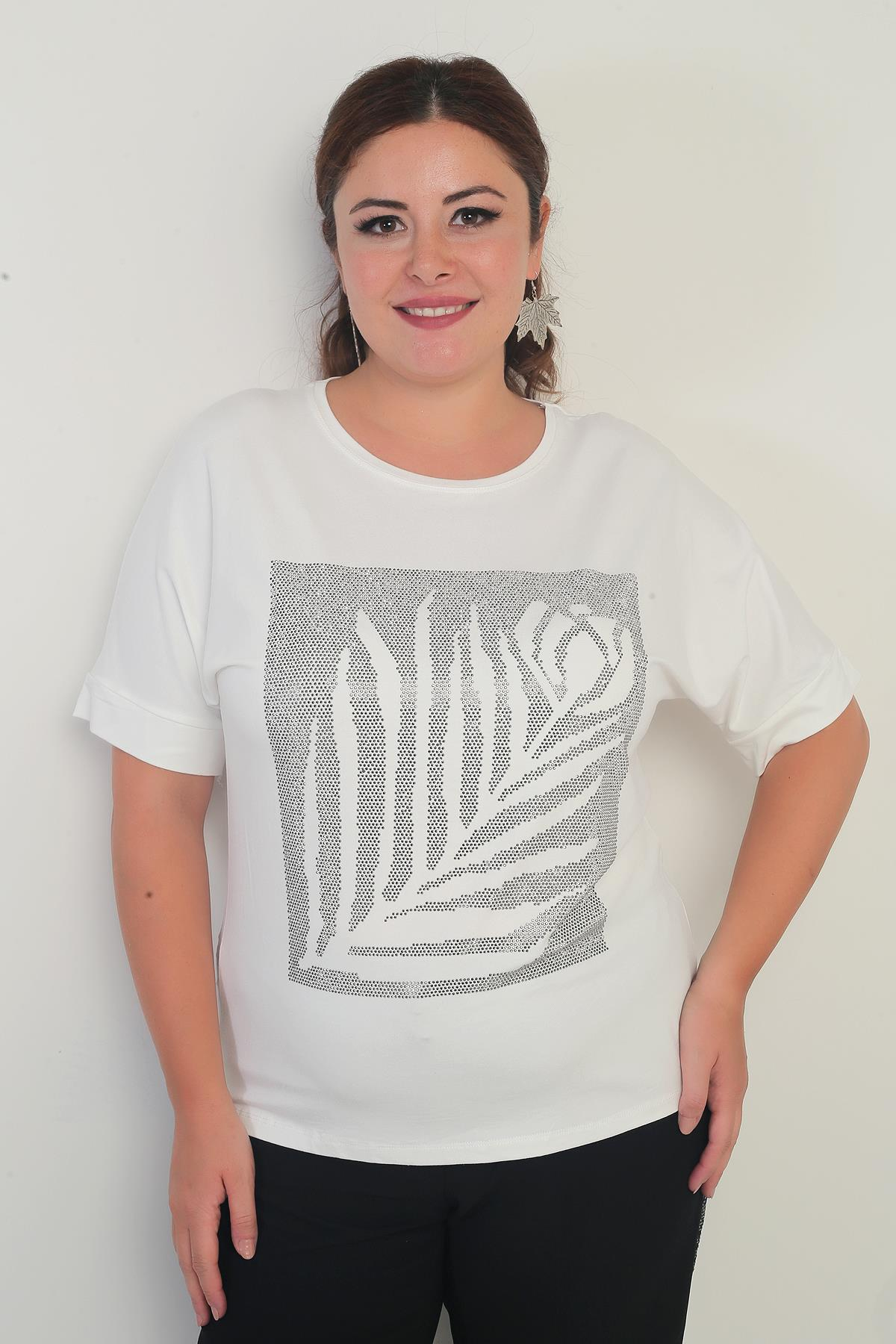 S-25Y4170005Kadın Kısa Yarasa Kollu Taş Detaylı Gül Desenli Likralı Büyük Beden Bluz